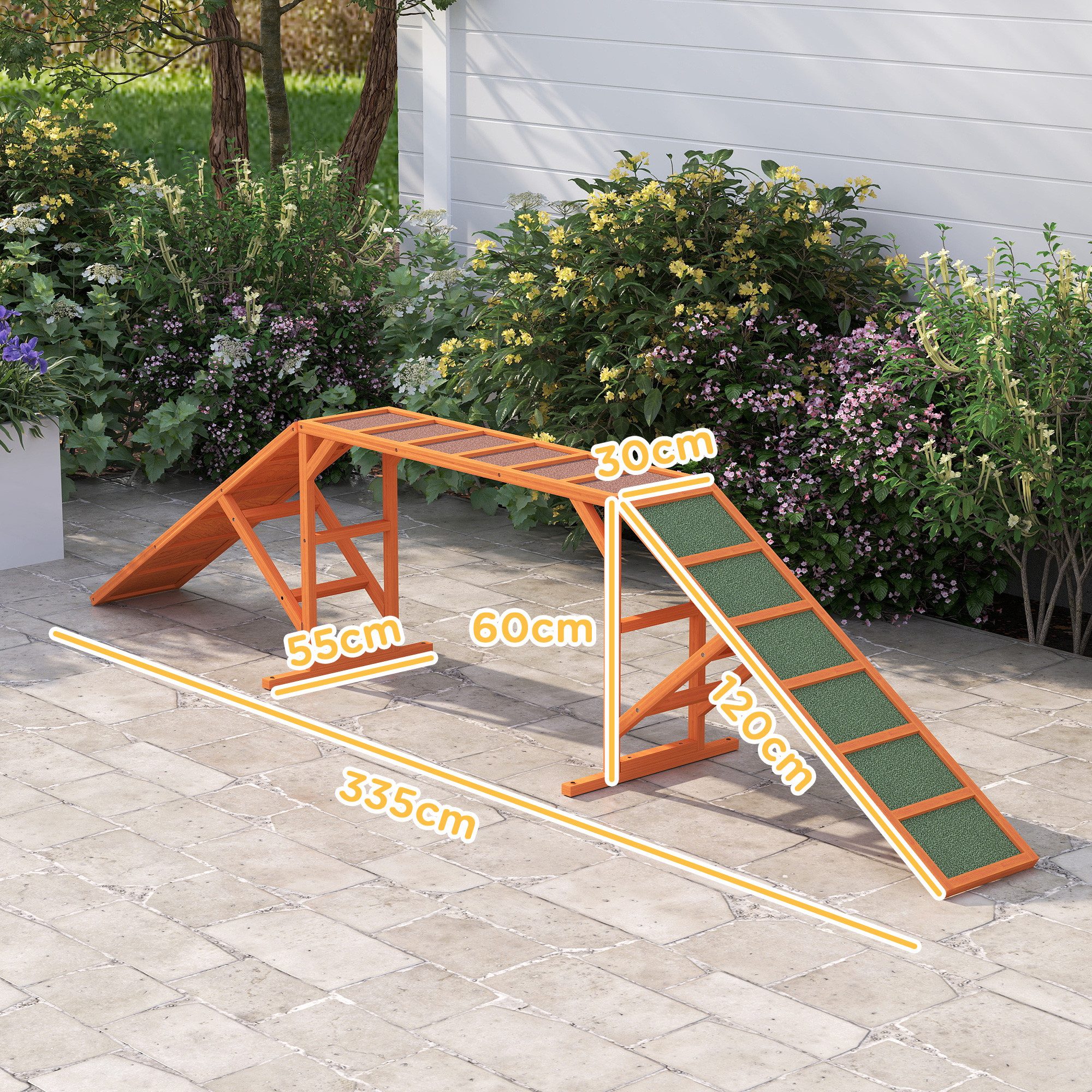 PawHut Agility-Wippe Hunde Agility Steg Agility-Ausrüstung für Hunde mit Sicherheitsstange, Tannenholz, Agility-Gerät (1-tlg) für Garten, 335 x 55 x 60 cm, Orange