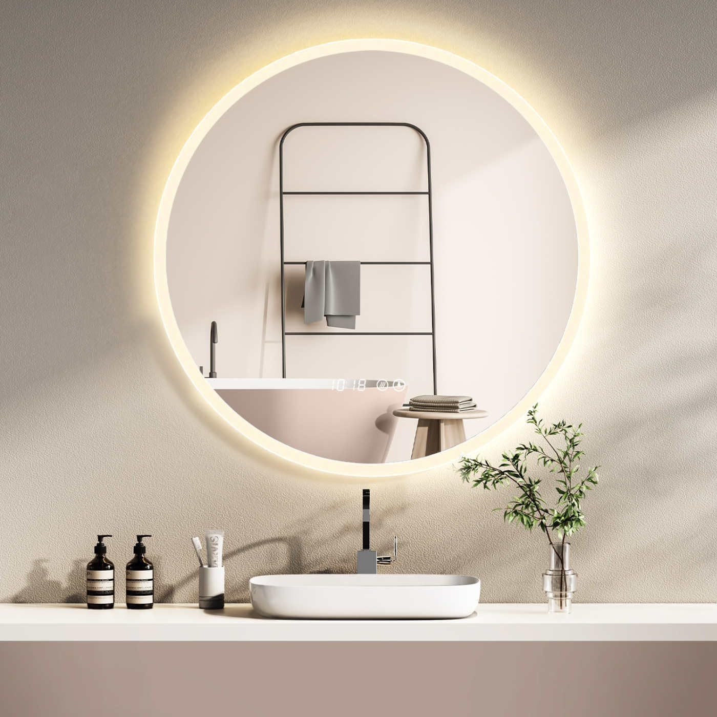 HOKO Badspiegel rund mit Beleuchtung, Anti-Beschlag und Memory-Funktion (LED-Wandspiegel mit Farbwechsel von 2700 bis 6500k, steuerbar über Touch-Schalter oder Wandschalter), für Badezimmer und Gäst-WC, IP44, Ulm