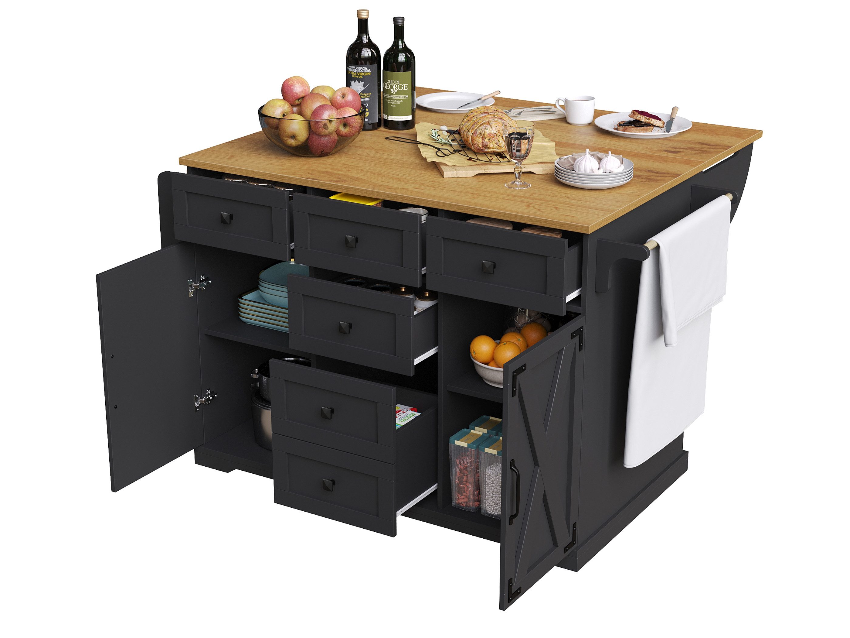 SeedWave Kücheninsel mit 120cm Klappbarer Tischplatte, 5 Schubladen, 2 Schranktüren, Davon 2 feststellbare Rollen, 2 höhenverstellbare Regale