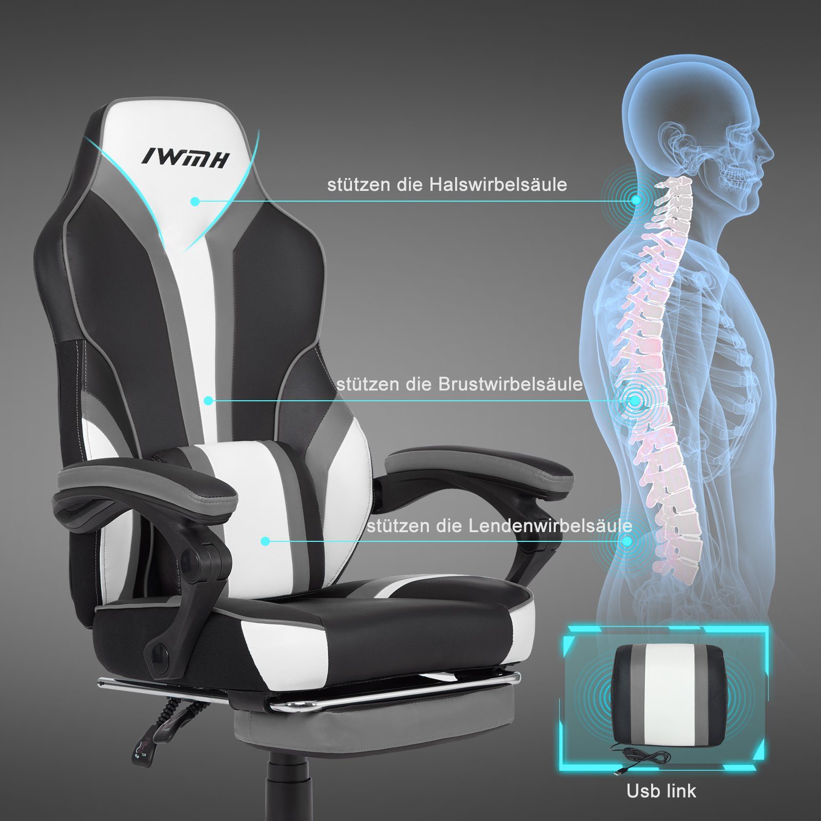 Intimate WM Heart Massage-Lendenstütze Gaming-Stuhl, hoher und grau Rückenlehne, Fußstütze mit klappbarer