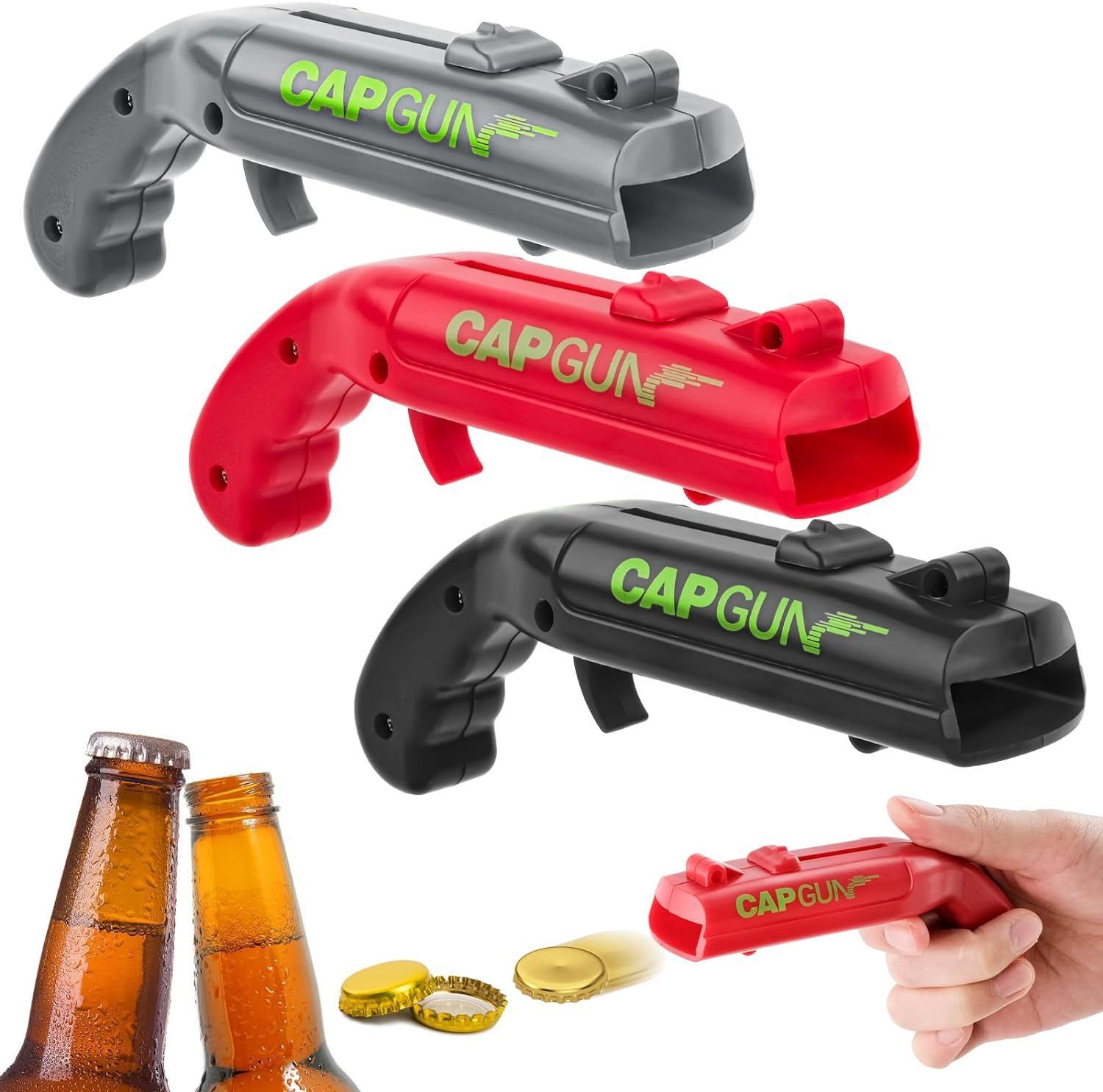 feinlux Flaschenöffner Flaschenöffner in Pistolenform, Dosenöffner (Set, 3-tlg., lustiges Cap-Gun-Design (3-teilig), Bierdeckelpistole, Geschenk für Männer