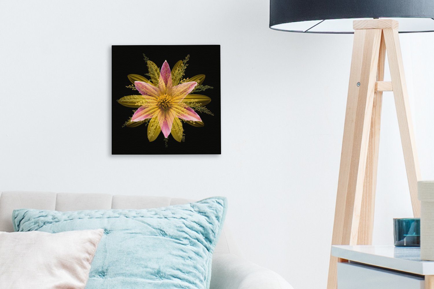 OneMillionCanvasses® Leinwandbild Eine gelbe Blume für auf Hintergrund, Leinwand St), (1 schwarzem Wohnzimmer Schlafzimmer bunt Bilder