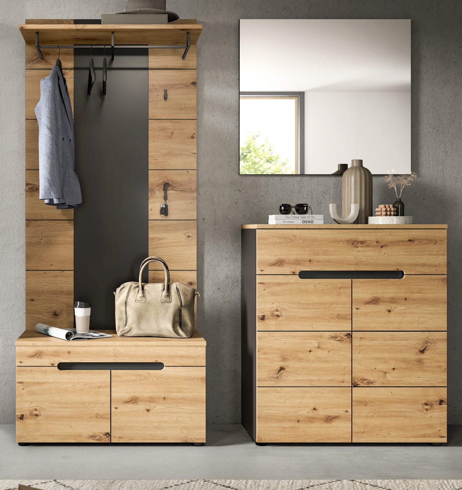 Inn.Furn Garderoben-Set Cooper, (Flurgarderobe in Eiche Artisan und Basalt grau, 4-teilig, 170 x 190 cm), mit Soft-Close-Funktion