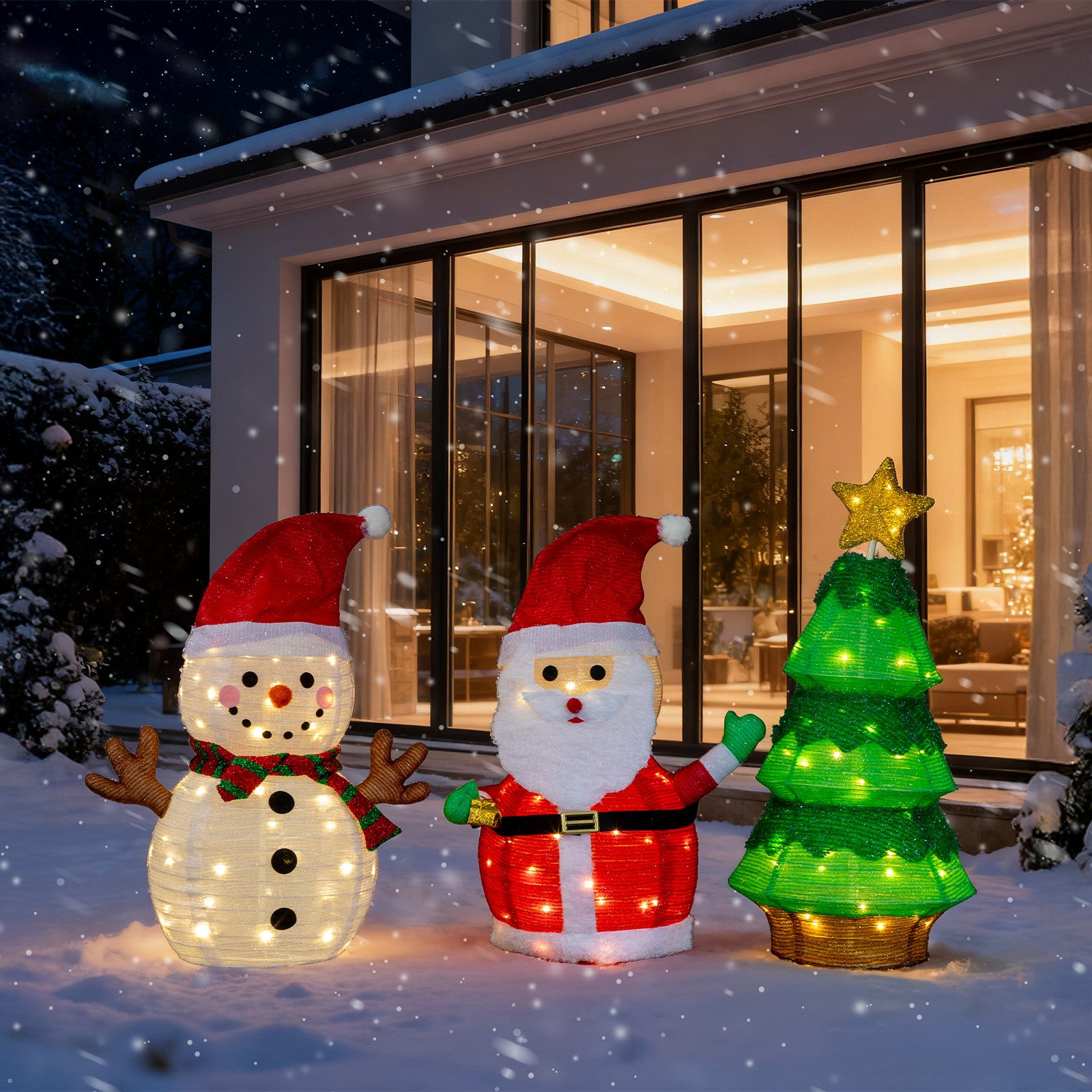 VINGLI LED Dekofigur Beleuchteter Schneemann, Weihnachtsdekoration Innen & Außen, 150 LEDs, Warmweiß, 3er Set LED Weihnachtsfigur, Pull-Up-Design, 76 cm