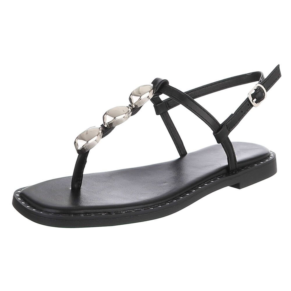 Ital-Design Damen Sandale mit T-Steg und Metall-Details Zehentrenner (91848951) Blockabsatz Riemchensandalen in Schwarz