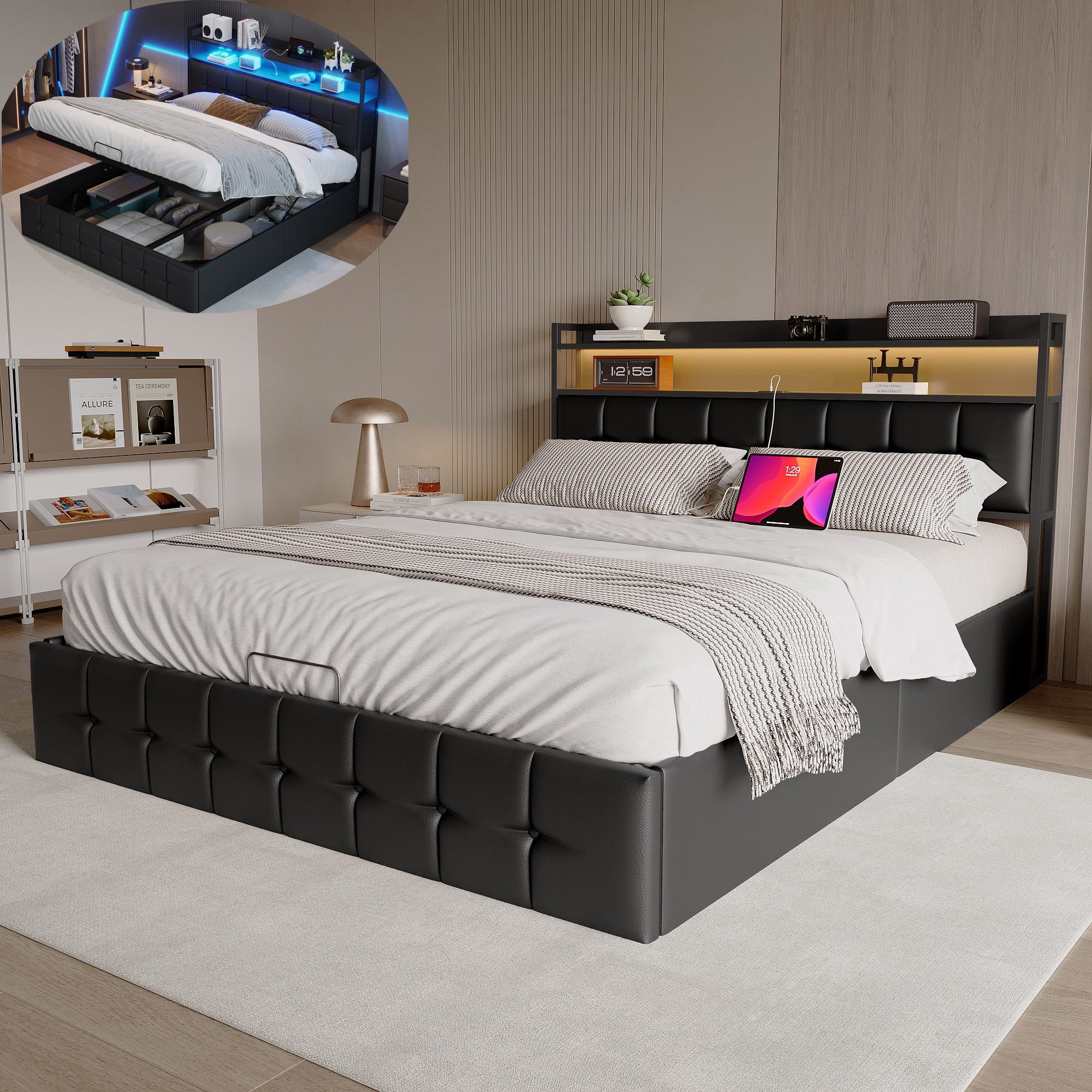 Gdood Polsterbett Stauraumbett Doppelbett LED USB (1 tlg., Hydraulisch hebbarem Stauraum), Mit LED-Licht, Nachttisch, Ladefunktion, Lattenrost, PU, 140x200 cm
