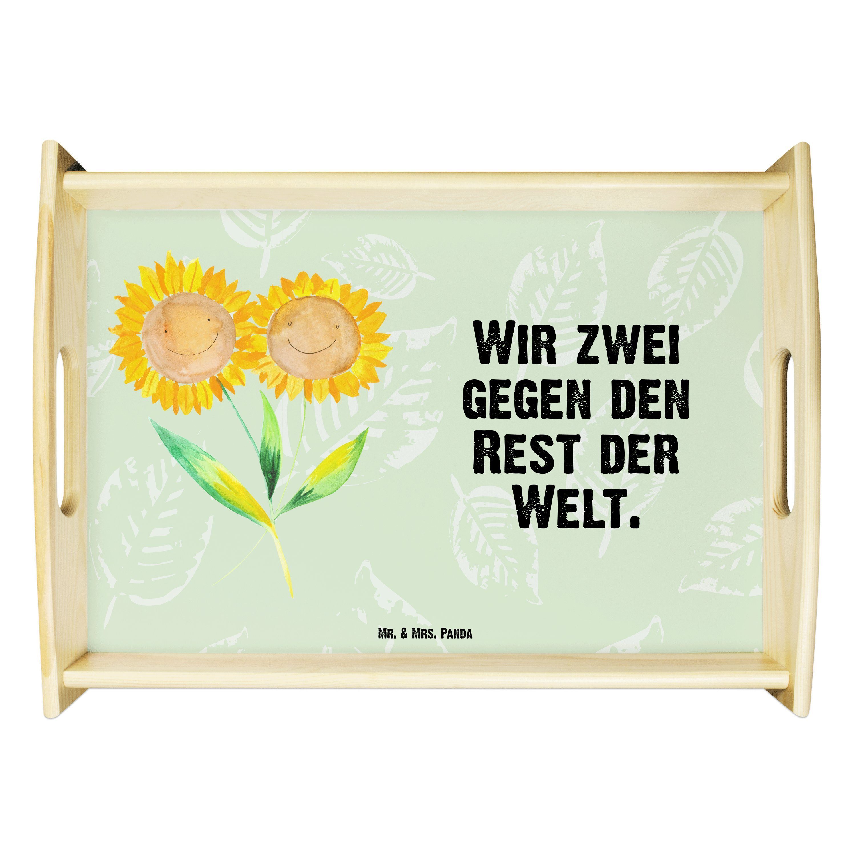 Mr. & Mrs. Panda Tablett Sonnenblume - Blattgrün - Geschenk, Holztablett, Küchentablett, Dekot, Echtholz lasiert, (1-tlg)