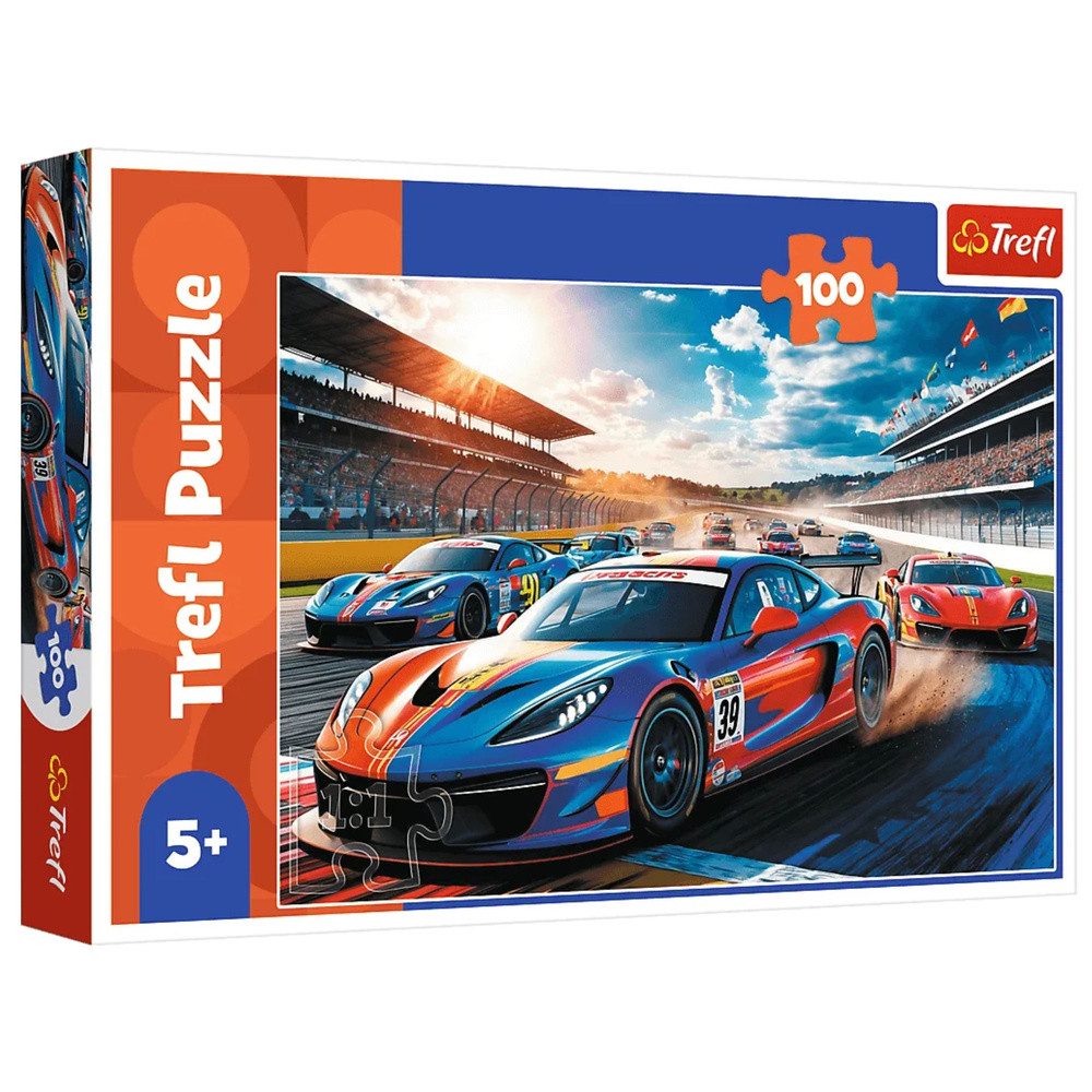 Trefl Puzzle Kinderpuzzle Rennwagenpuzzle Legespiel, 100 Puzzleteile, 100 Teile, kalandriertes Papier, Bild ca. 41 x 27,5 cm
