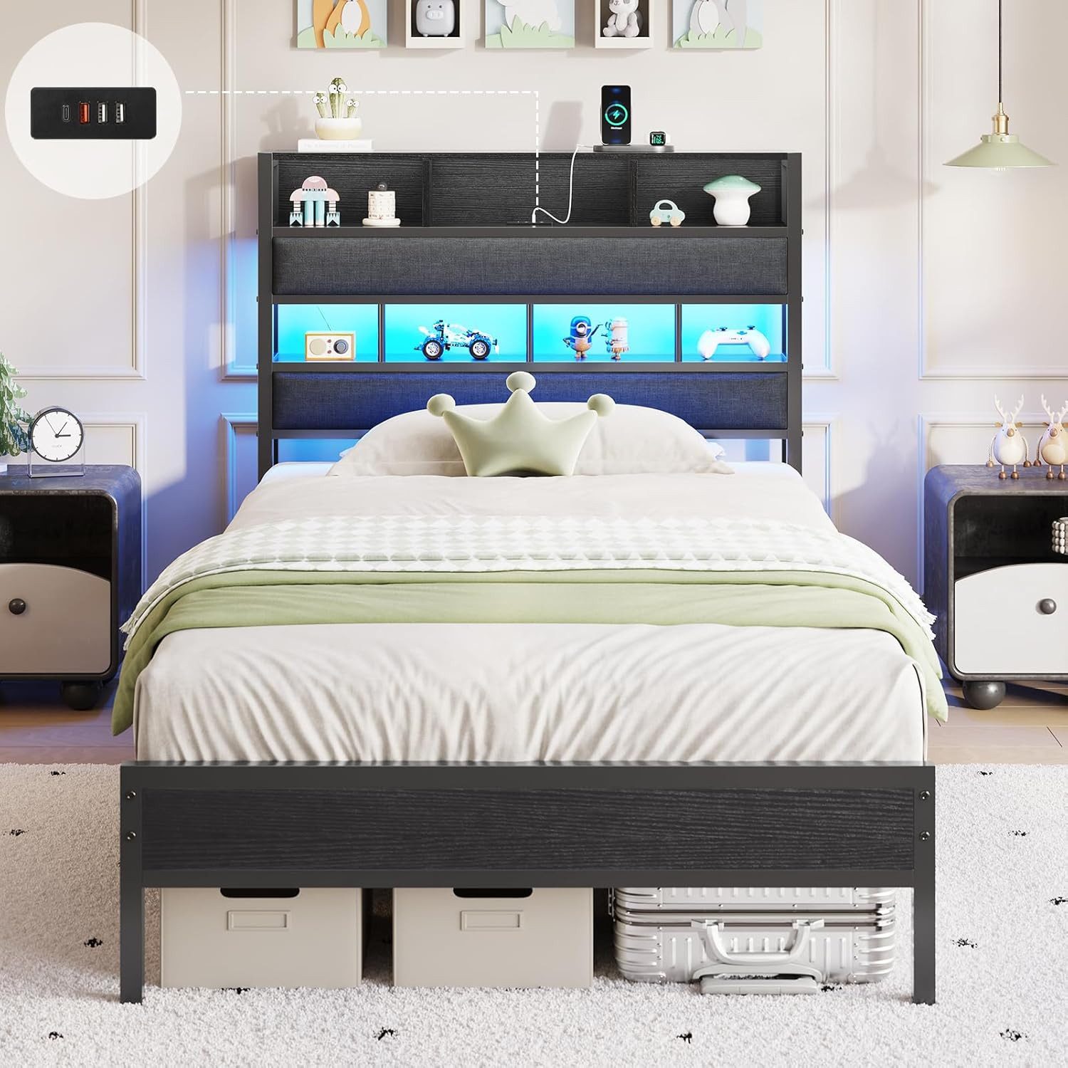 MSMASK Metallbett mit LED Beleuchtung & Ladestation, Kinderbett Jugendbett (1-tlg., Ohne Matratze), Bettgestell 90x200cm
