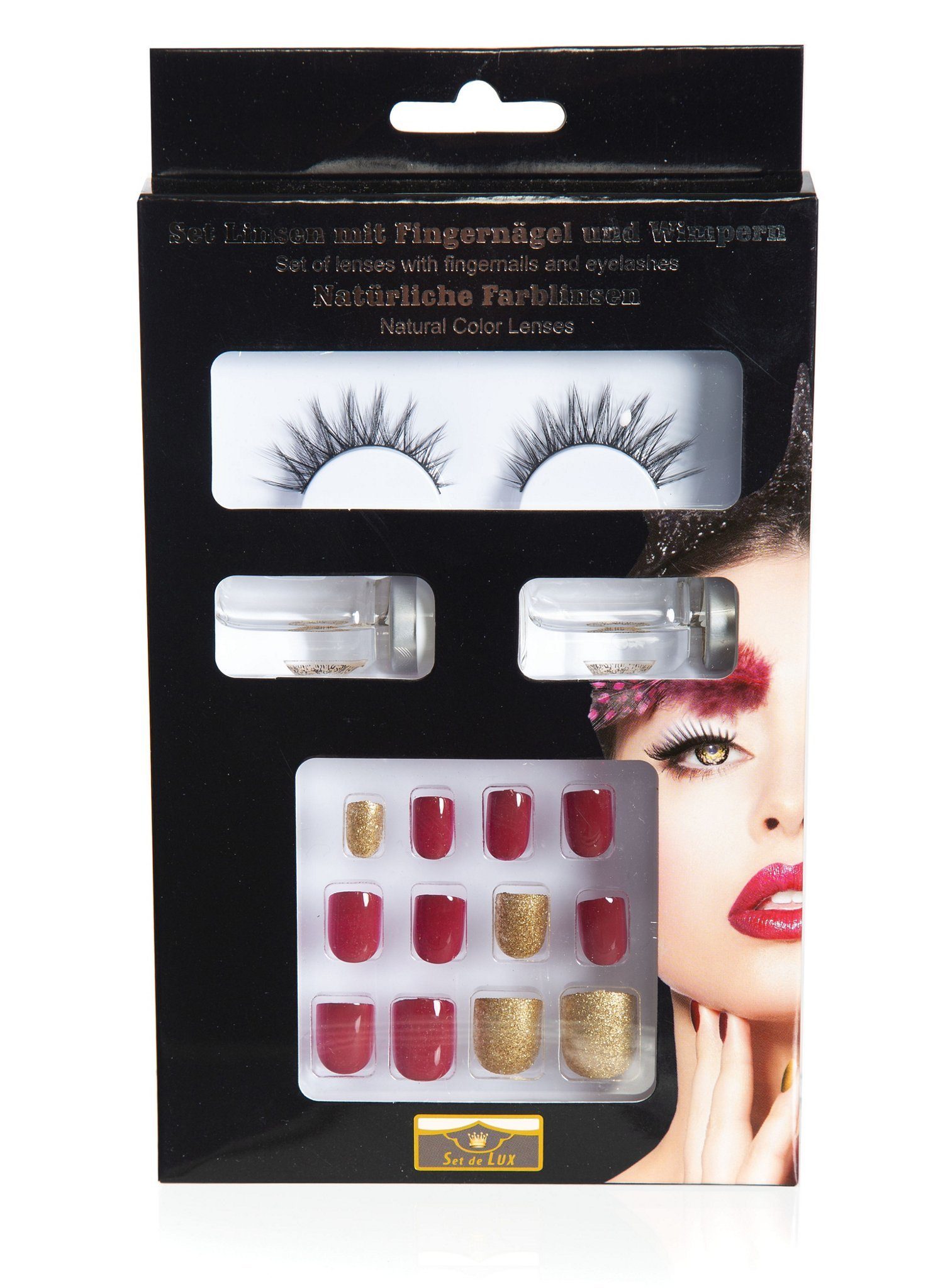 Metamorph Bandwimpern SFX Make-up Set Schminkset Kompaktes und Wimpern, Kontaktlinsen mit Fingernägeln rot-gold