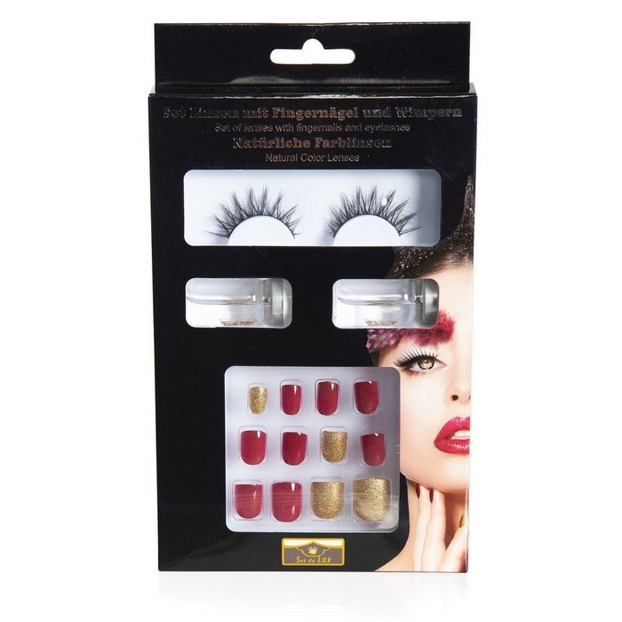 Metamorph Schmink-Set SFX Make-up Set rot-gold Kompaktes Schminkset mit Wimpern Kontaktlinsen und Fingernägeln