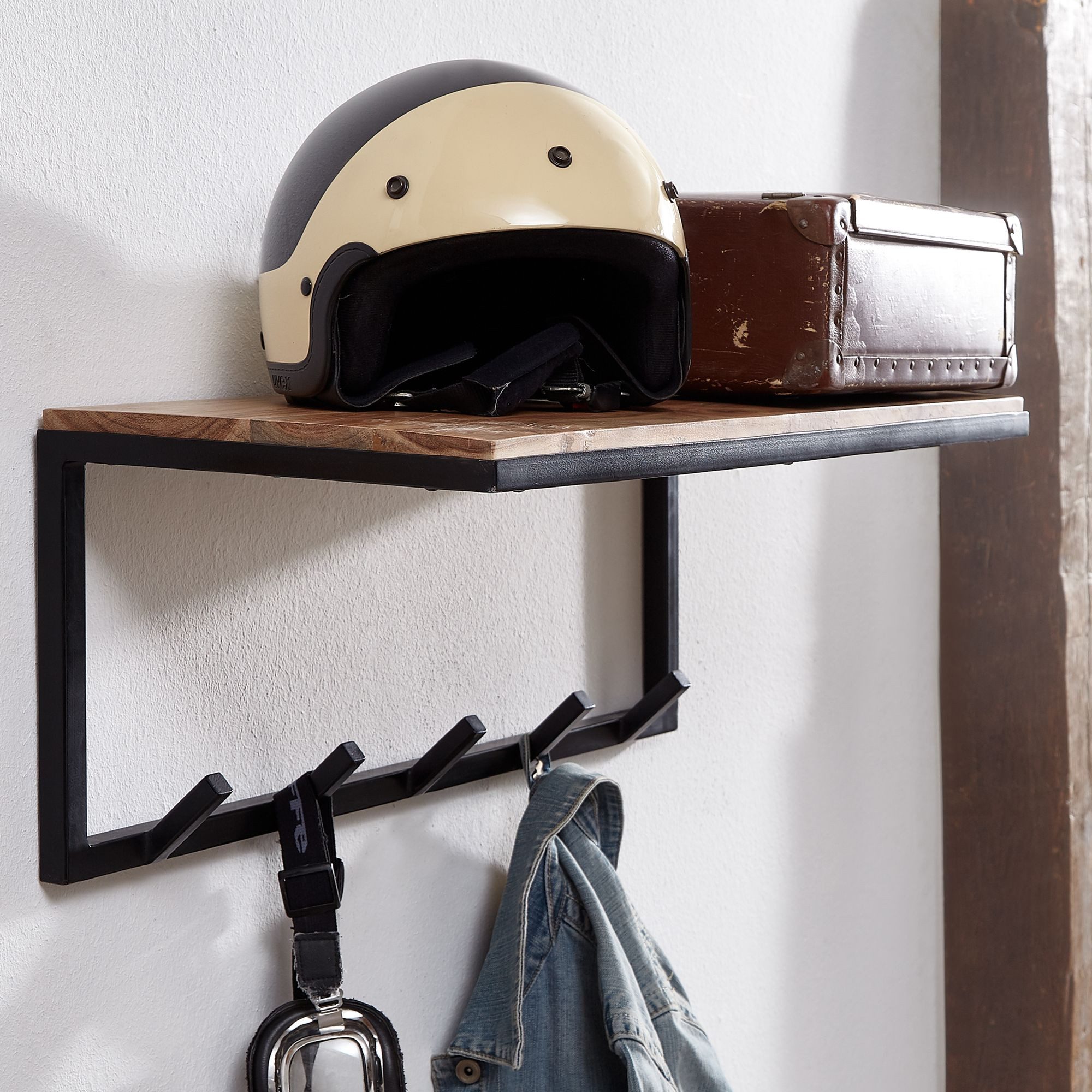 FINEBUY Garderobenpaneel FB67523 Wandgarderobe Holz Metall 70 cm Garderobe mit Ablage Flur (Akazie Massivholz / Metall 70 x 27 x 30 cm), Hakenleiste Ablage, Garderobe Flurgarderobe Wand
