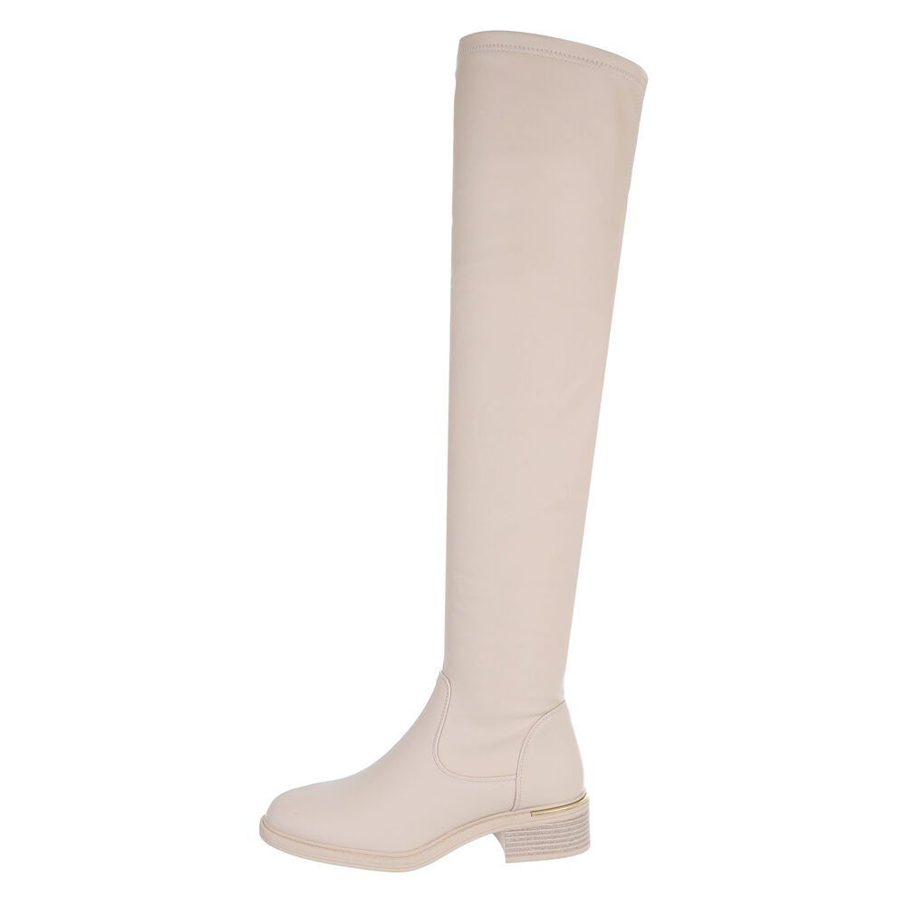 Ital-Design Damen Party & Clubwear Overkneestiefel Blockabsatz Overknees in Beige