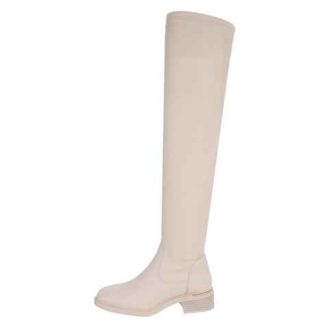 Ital-Design Damen Party & Clubwear Overkneestiefel Blockabsatz Overknees in Beige