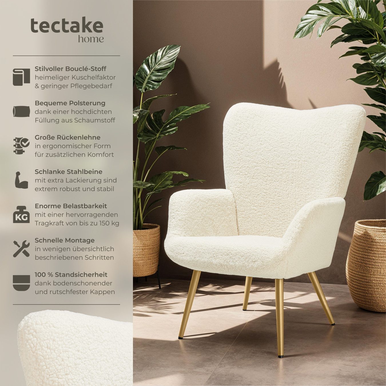 tectake Relaxsessel Sessel Hygge gepolstert, Bouclé-Stoff, Belastbarkeit 15 günstig online kaufen