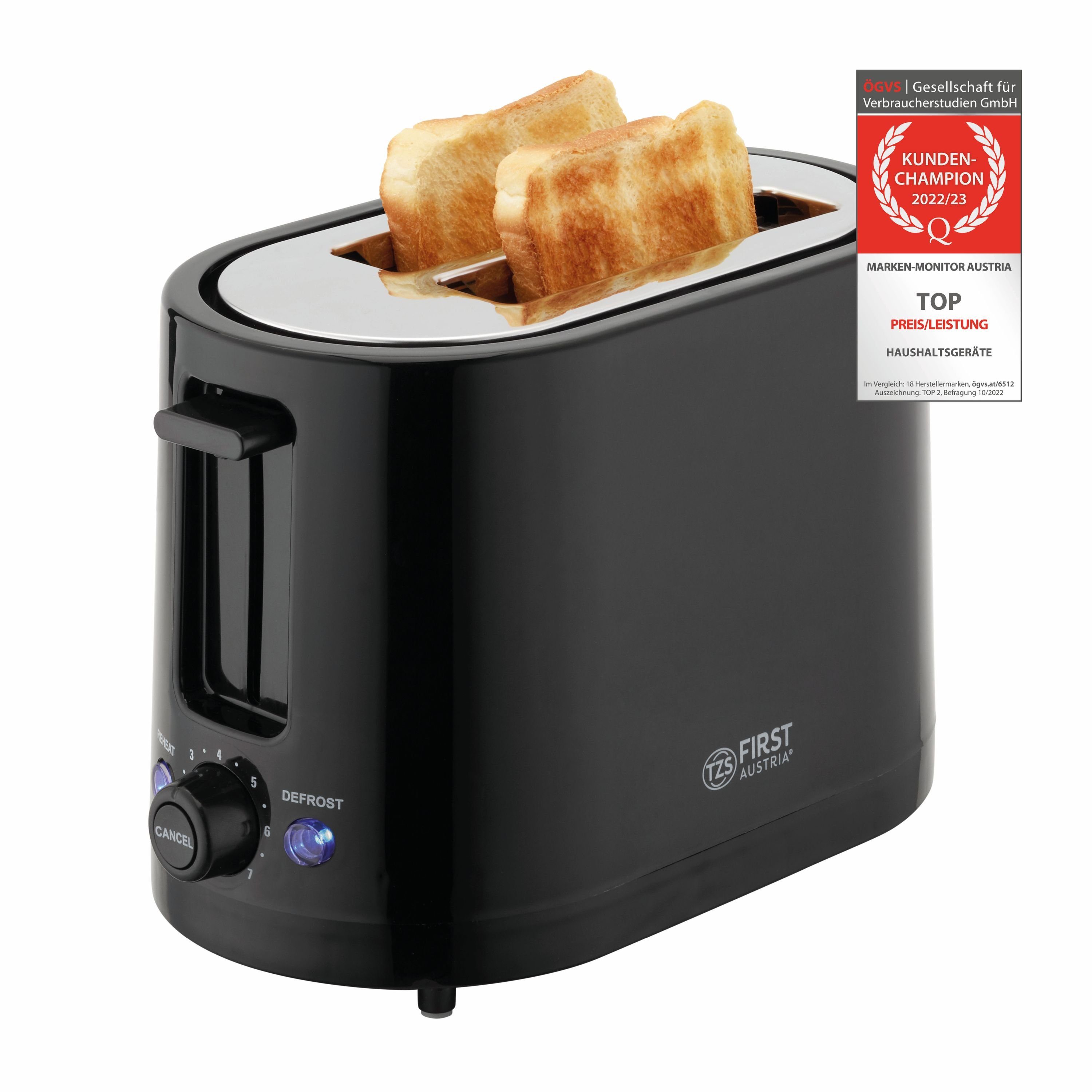 TZS FIRST AUSTRIA Toaster Toaster, schwarz, 7 Stufen, Warmhalte- und Auftaufunktion, für 2 Scheiben, inkl. Krümelschale