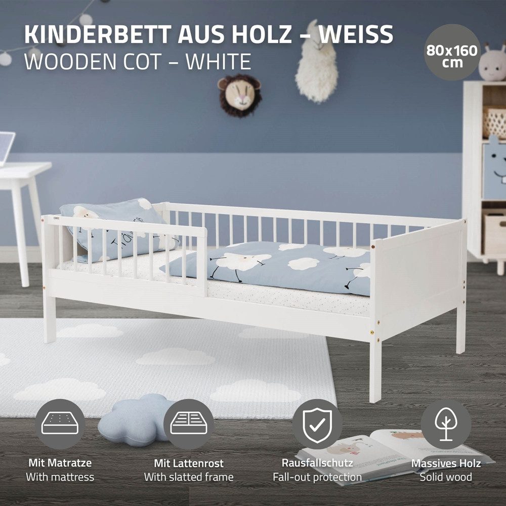 ML-DESIGN Jugendbett Bodenbett Juniorbett inkl. Lattenrost Einzelbett für Kinder Kinderbett, Junior-Bett mit Rausfallschutz & Matratze Bettrahmen aus MDF / Kief – Bild 2 von 5