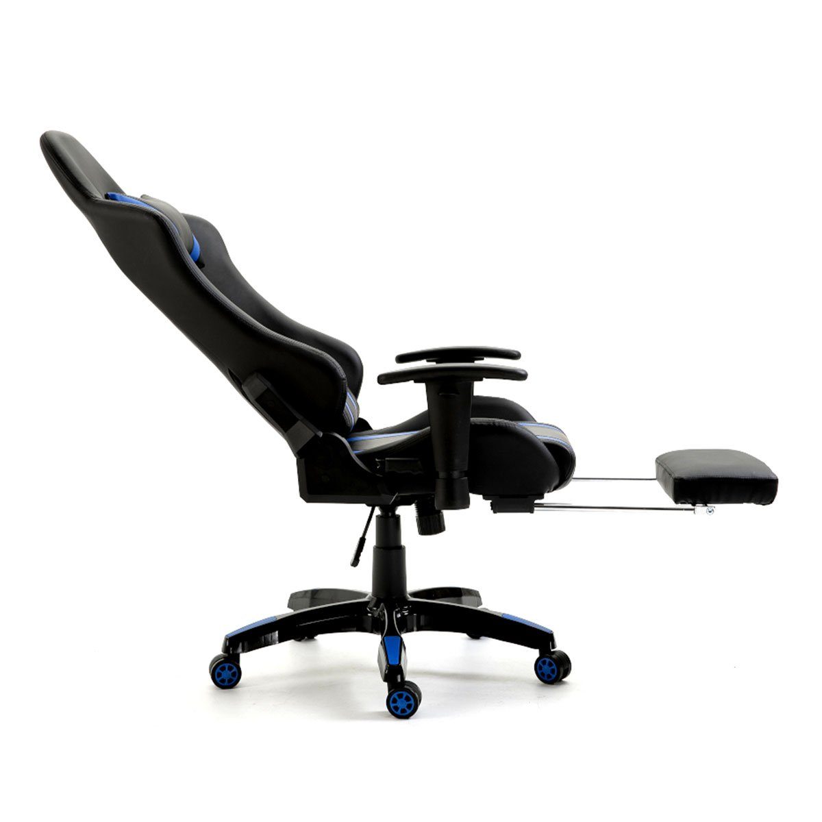 SVITA Gaming Chair GAMYX (1 Nackenkissen verstellbare Armlehnen, Schwarz mit | Streifen blauen Lenden- Schwarz St), blauen & ausziehbare mit Fußablage, Streifen