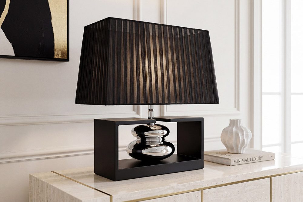 riess-ambiente Tischleuchte GRACIA 35cm schwarz/silber - Stoffschirm, Holzfuß, Modern Design, Ein-/Ausschalter, ohne Leuchtmittel, mit neigbarem Lampenschirm – ideal für Wohnzimmer & Schlafzimmer