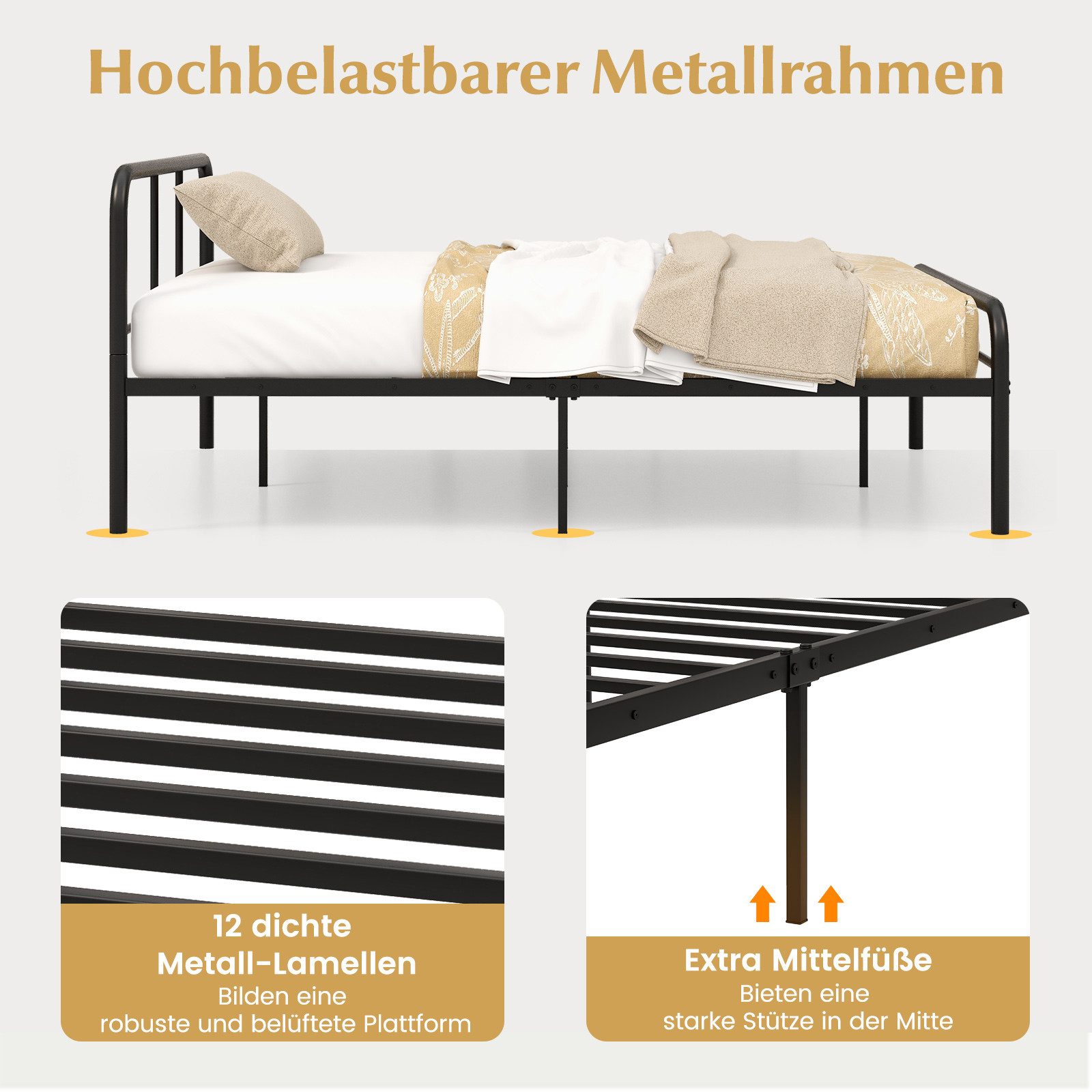 COSTWAY Metallbett (1-tlg), Metallbett, Doppelbett, mit Lattenrost, für 140x190cm Matratze