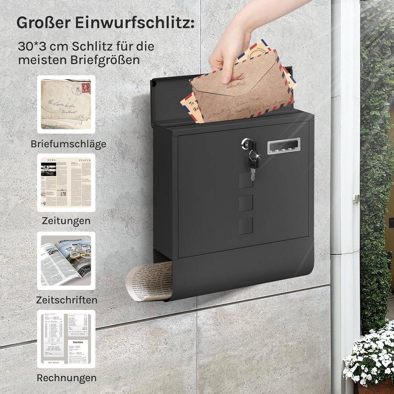 Woltu Wandbriefkasten (1-St), Postkasten mit Zeitungsfach Sichtfenstern, abschließbar