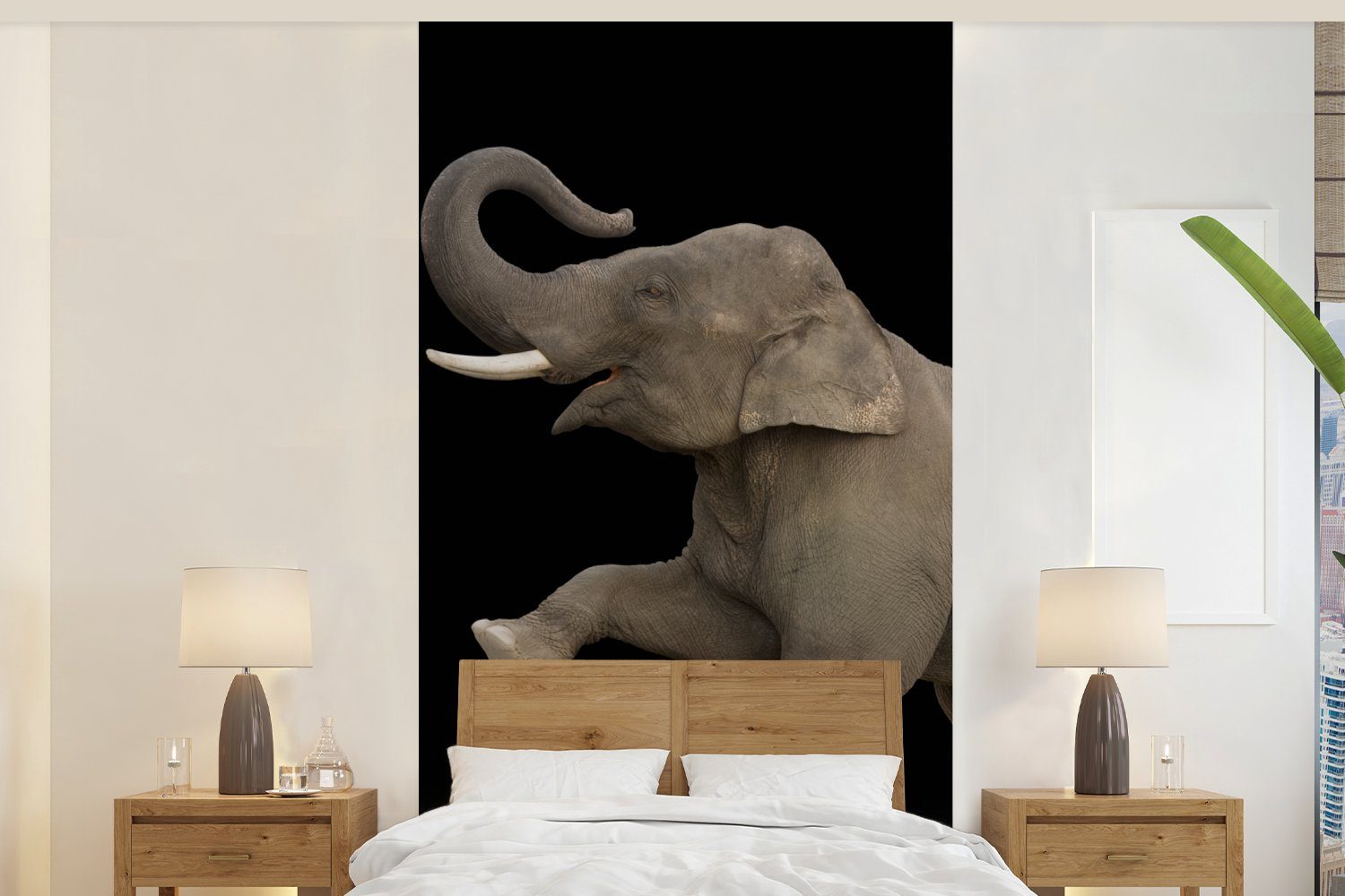 Porträt, Schwarz Schlafzimmer Vliestapete (2 MuchoWow bedruckt, Fototapete Elefant Tiere Fototapete Wohnzimmer Küche, - - für Matt, St), -