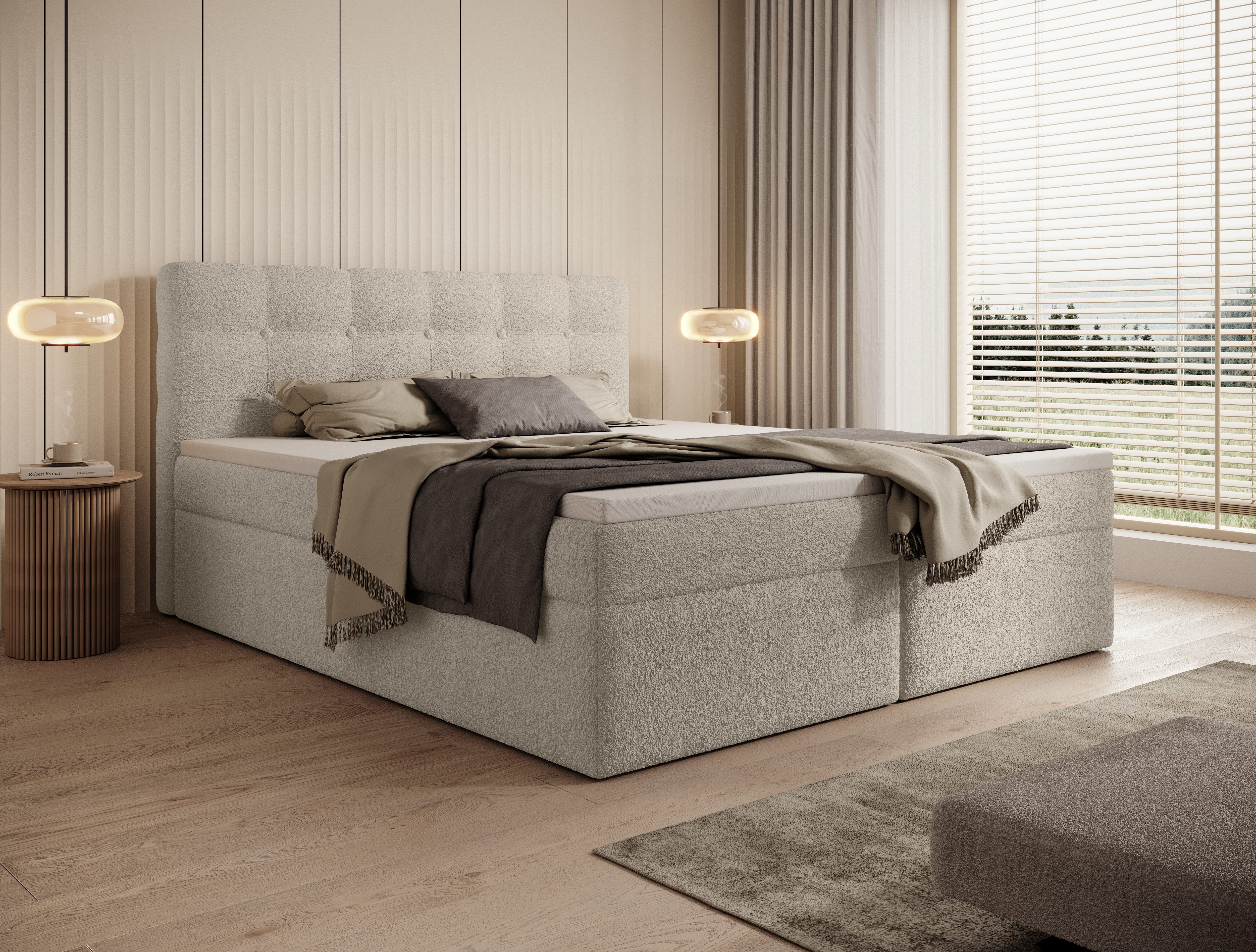 thematys Boxspringbett Luxus mit Bettkasten 140x200–200x200cm - Velours oder Bouclé Bezug (Polsterbett Bonnellfederkern Matratze H3 + Gratis 3cm Topper, – Doppelbett mit Stauraum - Boxbett)