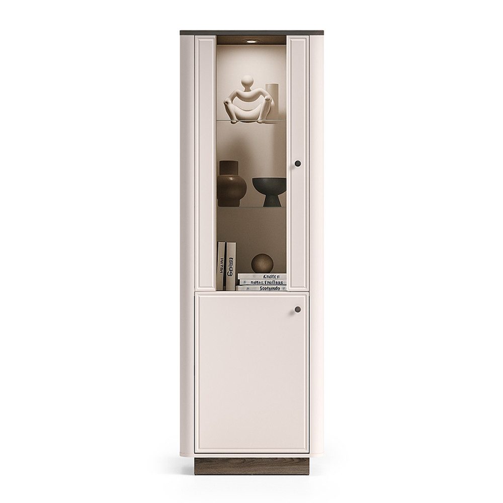 Lomadox Vitrine VEJANO-131 Vitrinenschrank Beige mit Eiche, 1 Tür, LED-Beleuchtung