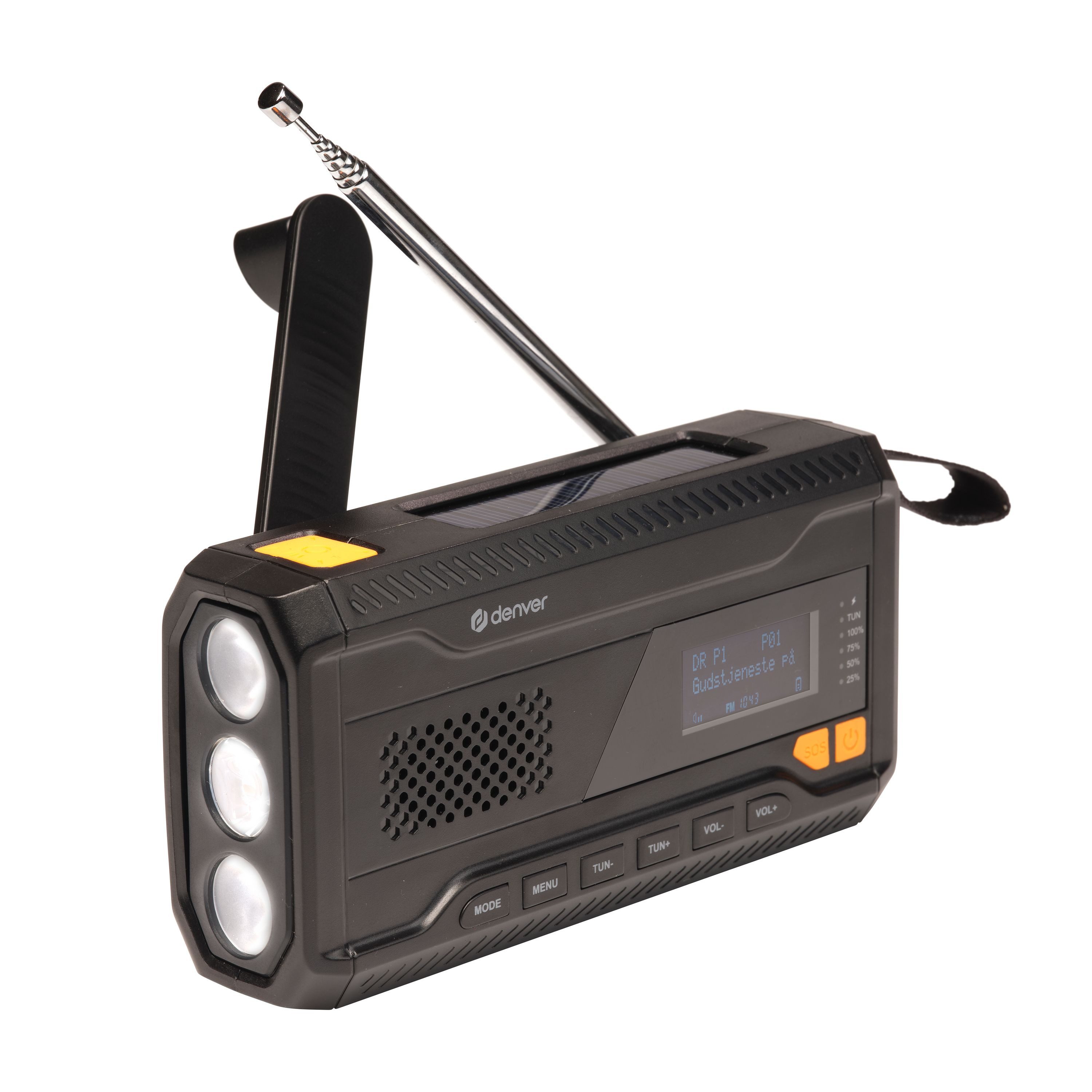 Denver SCD-2033 Radio (DAB+, FM, 30 DAB-/30 FM-Speicher, ASA-Alarm, SOS-Alarm, Taschenlampe, Teleskopantenne, Bluetooth, 2 W, Solar, Handkurbel, ASA-Sicherheitsalarm, Powerbank, 30+30 Presets)