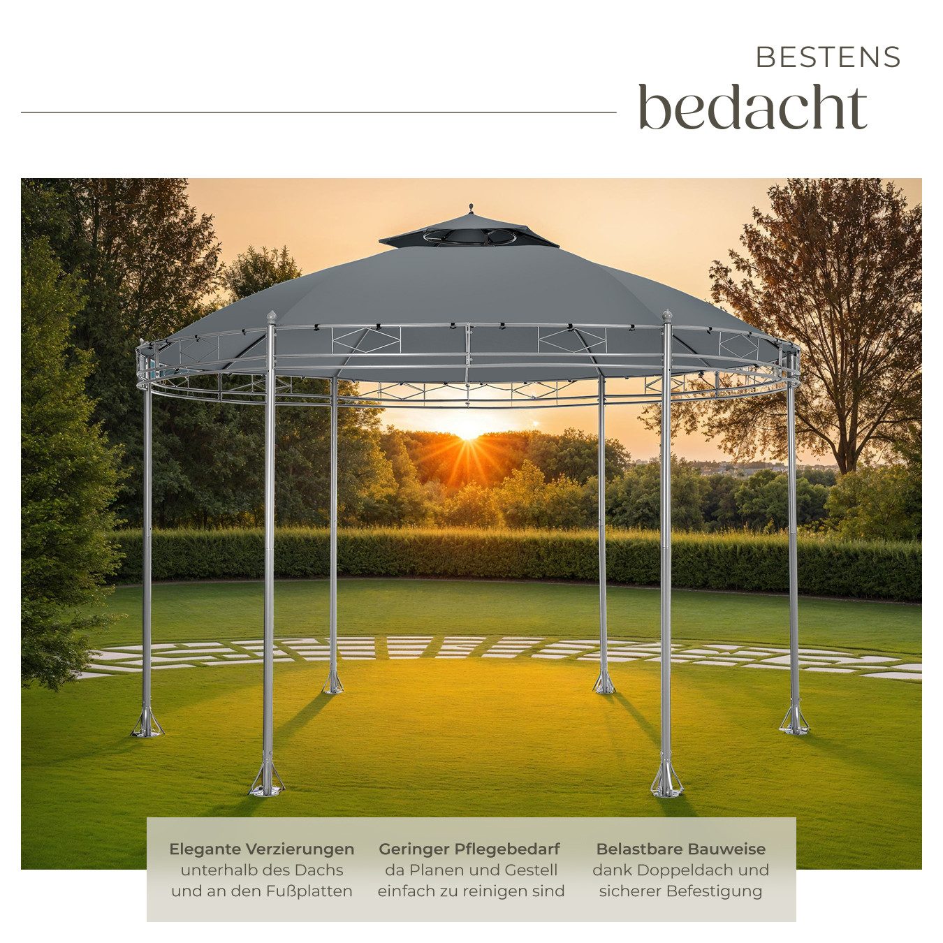 tectake Pavillon Rattan Gartenzelt Ø 3,5 m, inklusive Spannseilen und Heringen, mit 6 Seitenteilen, (Partyzelt Siana, in anthrazit), wasserabweisend, Doppeldachsystem, 6 Seitenteile, mit UV-Schutz 50+