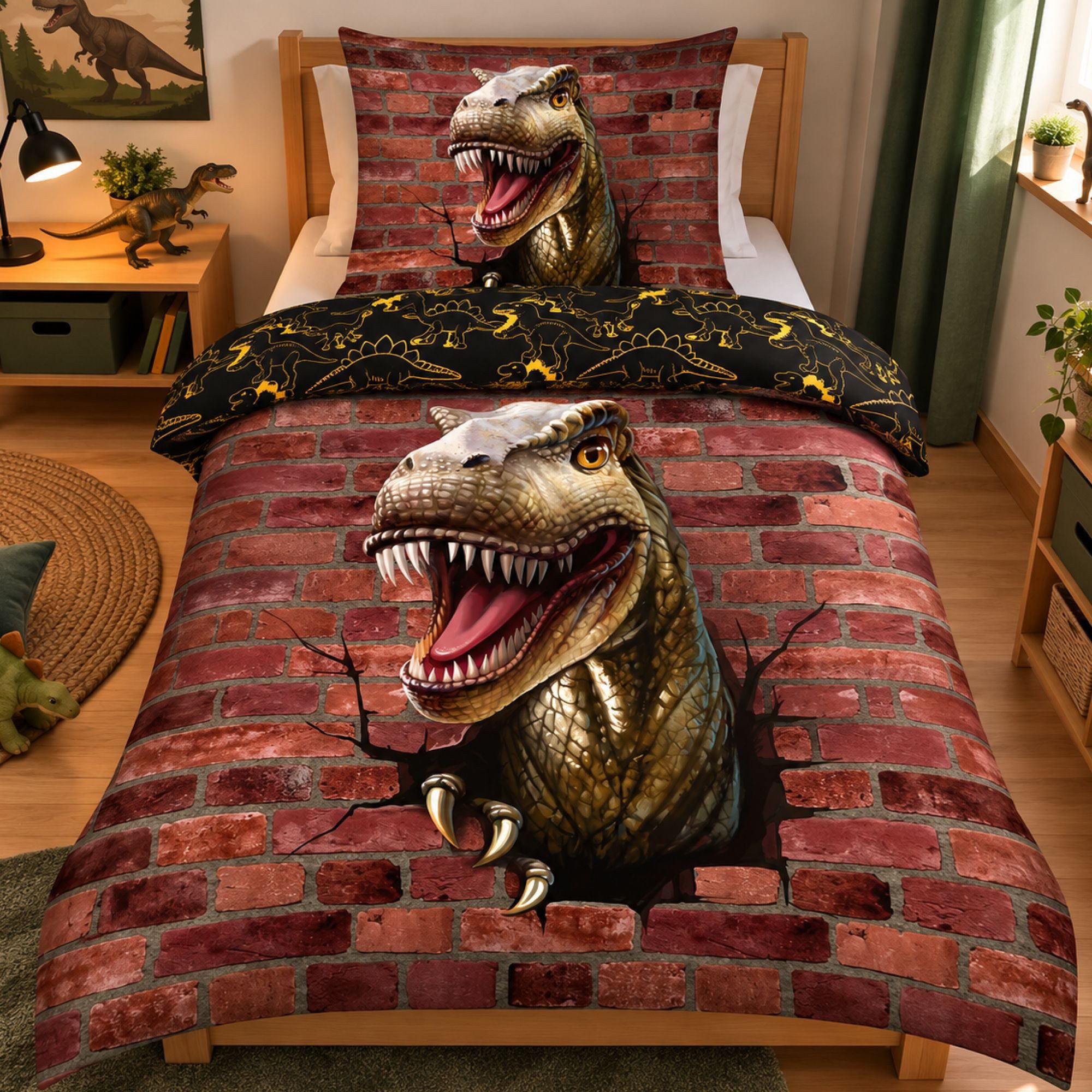Familando Kinderbettwäsche T-Rex Dinosaurier 135x200 80x80 cm coole 3D Optik, Renforcé, 2 teilig, 100% Baumwolle mit Reißverschluss mit …
