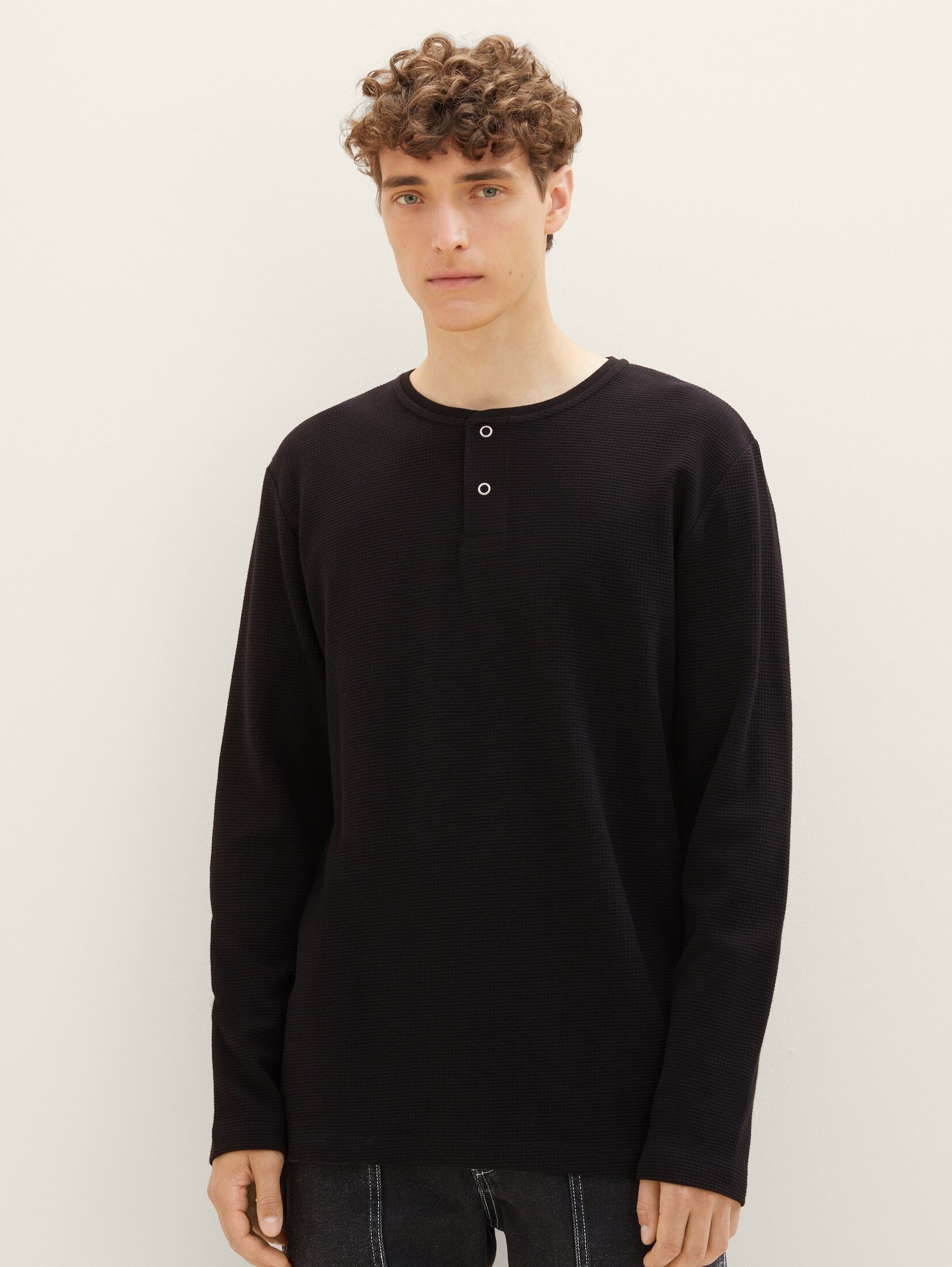 TOM TAILOR Denim T-Shirt Strukturiertes Henleyshirt Black