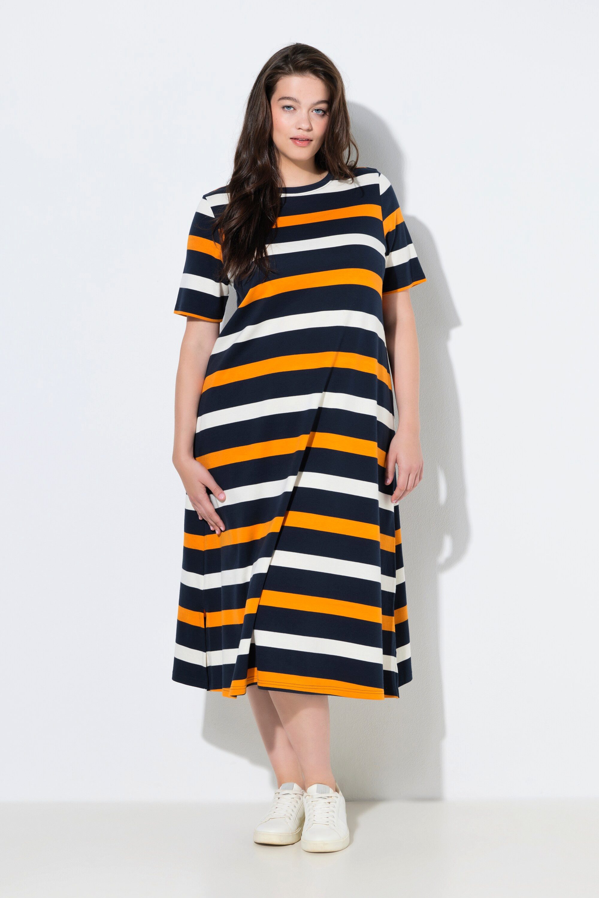 Ulla Popken Midikleid Midikleid Ringel Rundhals Halbarm Biobaumwolle