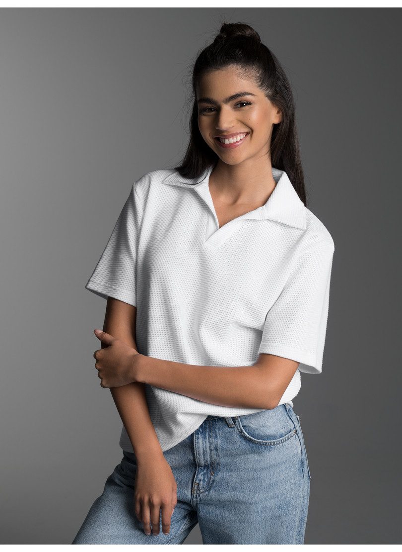 Trigema Poloshirt TRIGEMA Oversized Poloshirt ohne Knopfleiste in Waffeloptik (1-tlg)