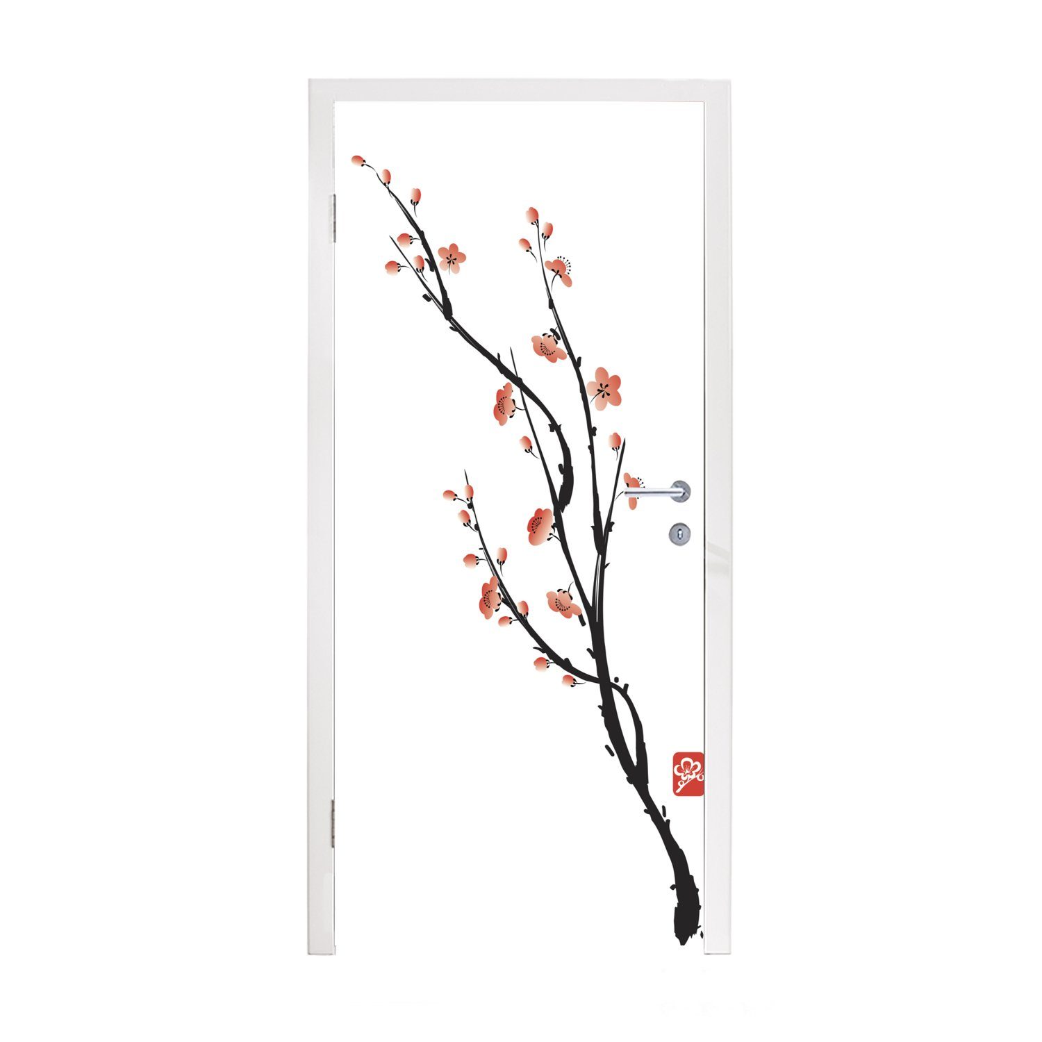 - - Matt, für 75x205 bedruckt, (1 cm Türaufkleber, Tür, MuchoWow Illustration Fototapete St), Türtapete Asiatisch Sakura,