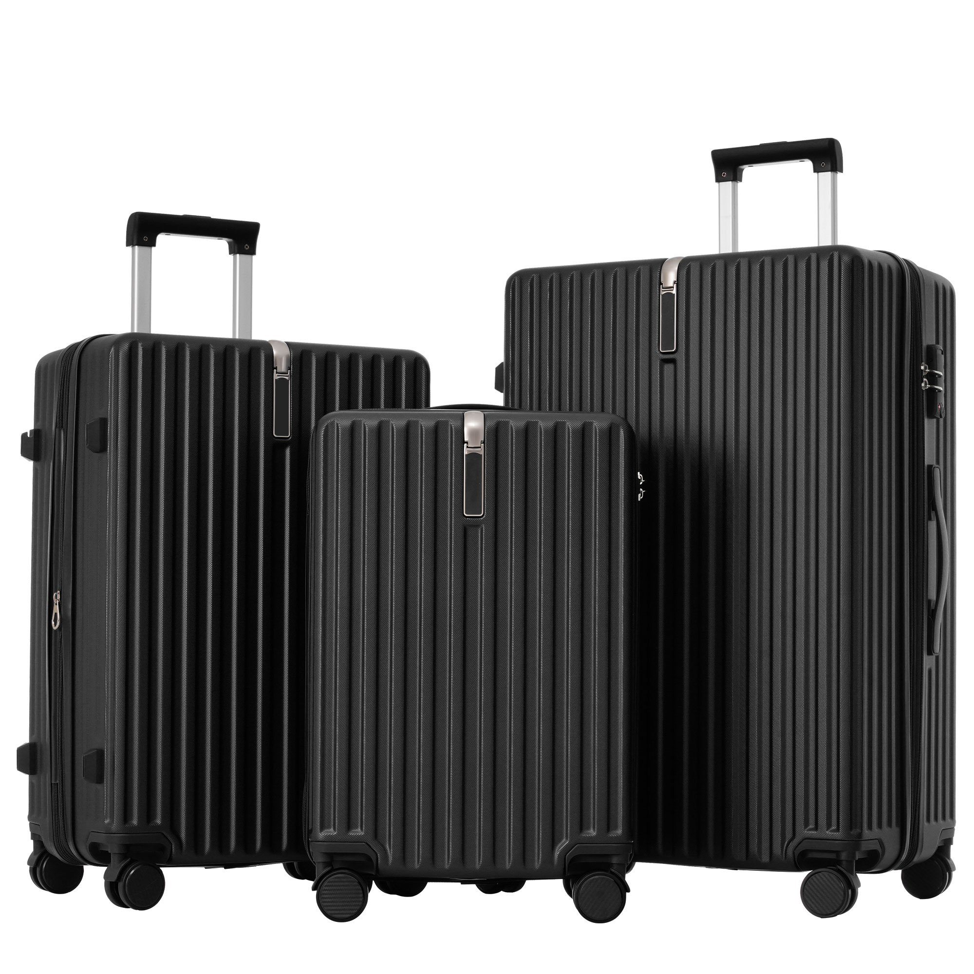 ABS-Material, Ulife tlg) Schwarz Kofferset Handgepäck Rollen, Trolleyset (3 TSA 4 Reisekoffer Zollschloss,