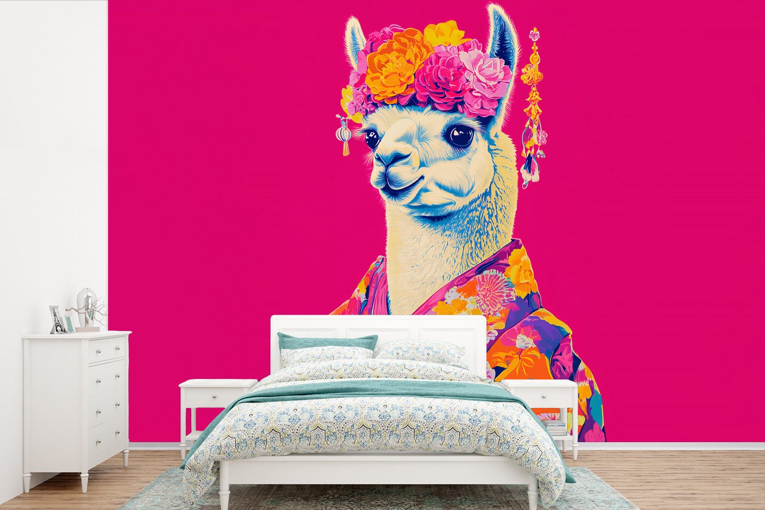 MuchoWow Fototapete Lama - Kimono - Blumenkranz - Hellrosa, Matt, bedruckt, Wallpaper für Wohnzimmer, Schlafzimmer, Vinyl Tapete, 390x260 cm