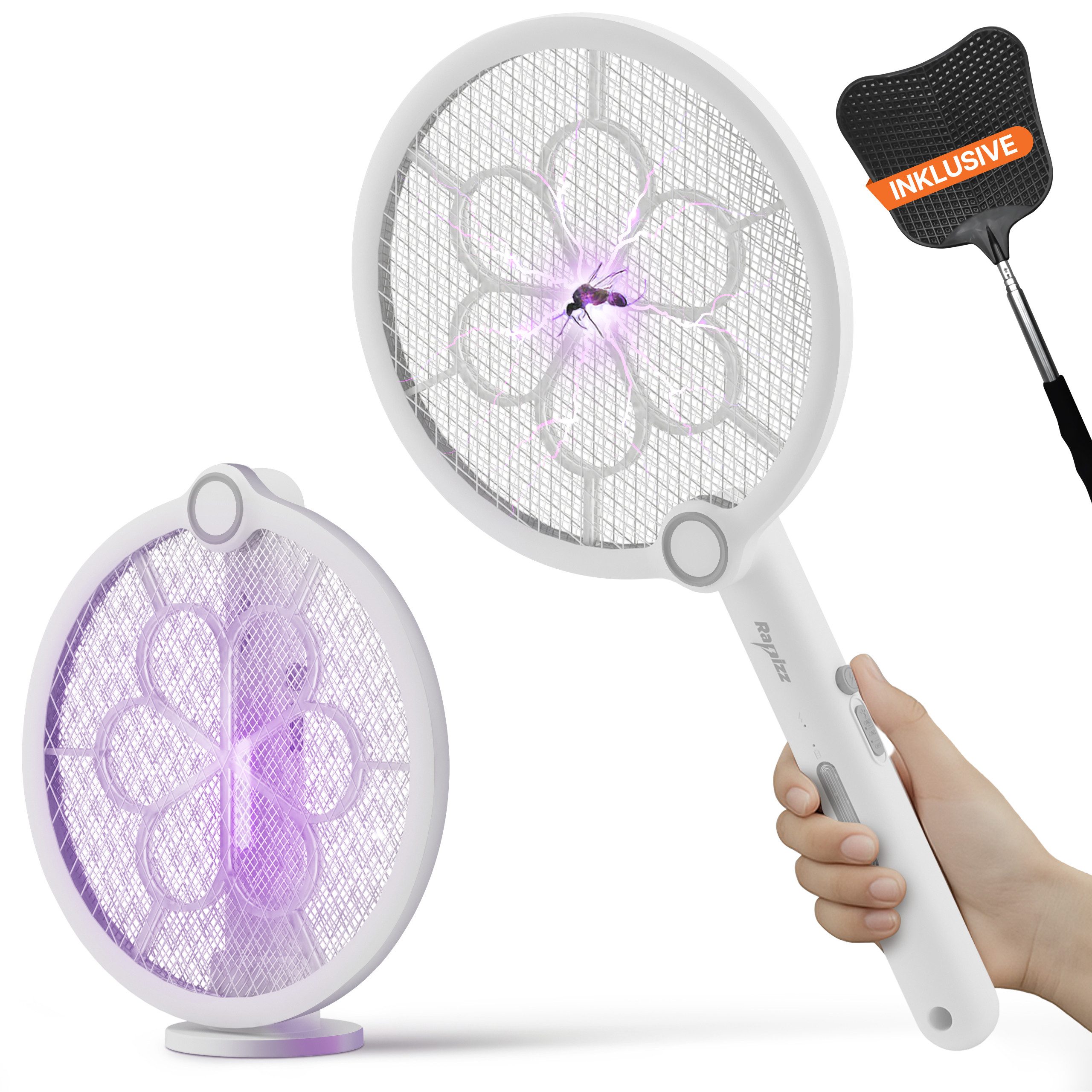 RAPIZZ Fliegenklatsche Elektrischer Insektenfänger - 2in1 Funktion - Mit Akku - Schwarz&Weiß, Gratis Fliegenklatsche - Inkl. USB-Ladekabel - Als Schläger & UV-Falle
