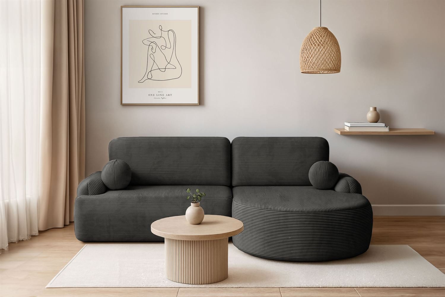 Lookway Ecksofa CLEO CORD Rundes Ecksofa mit Schlaffunktion und Bettkasten