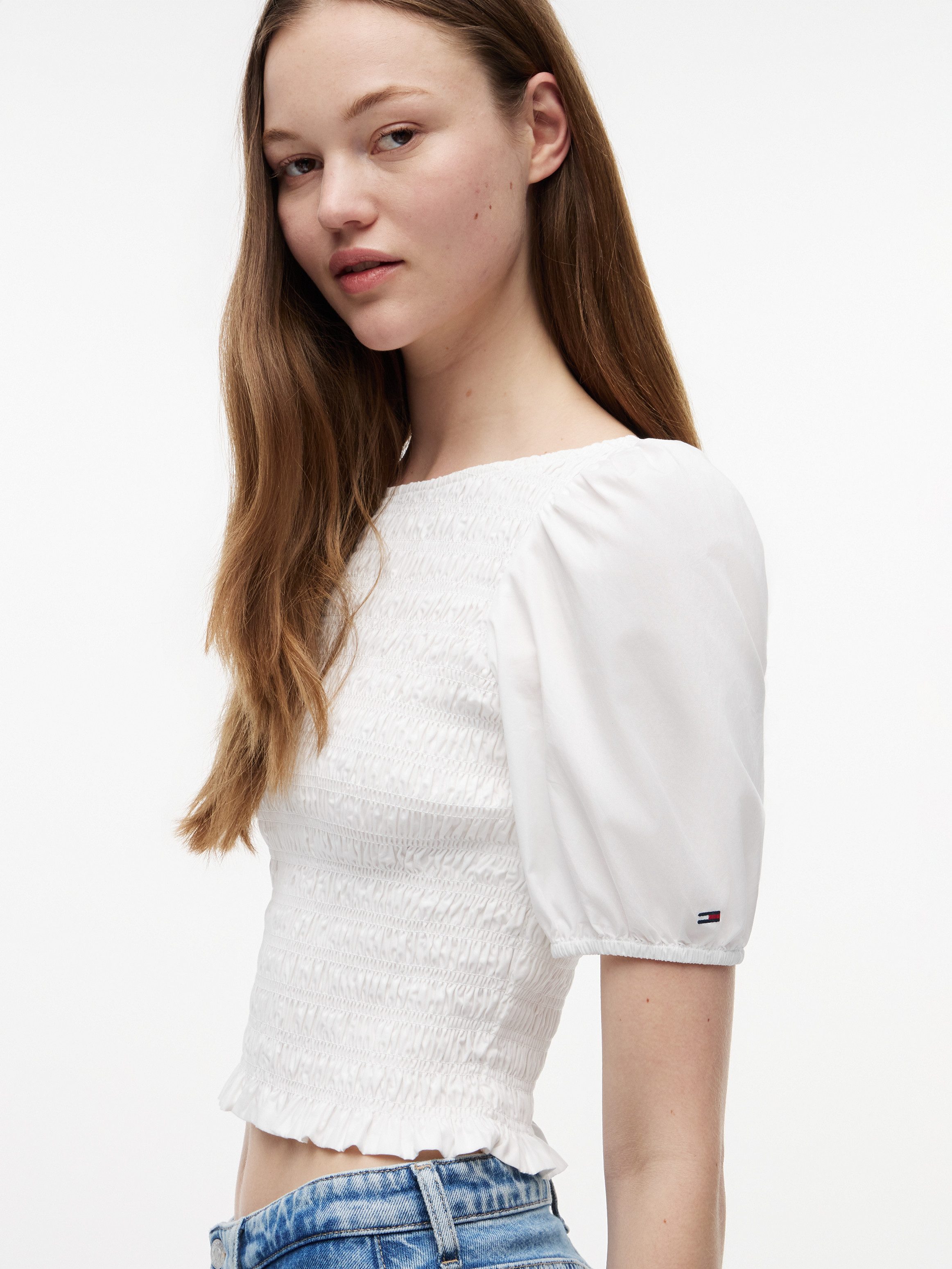 Tommy Jeans Kurzarmbluse TJW SMOCKED SS BLOUSE Baumwolle, Puffärmel