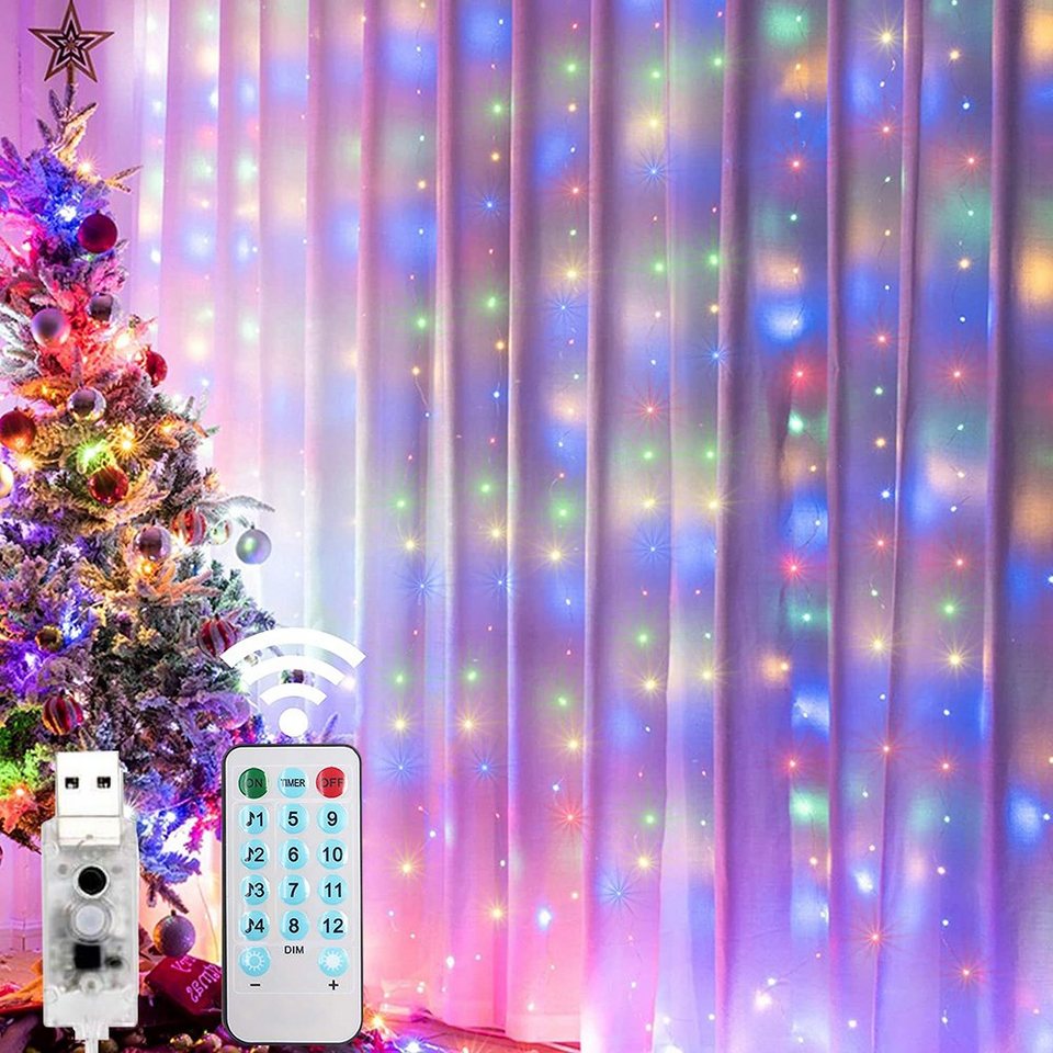 Rosnek LED-Lichtervorhang 3 X 3M, 8 Modi/Musik aktiviert, Fernbedienung,  für Weihnachten Party, mit Aufhängehaken; Garten Schlafzimmer Fenster Wand  Deko