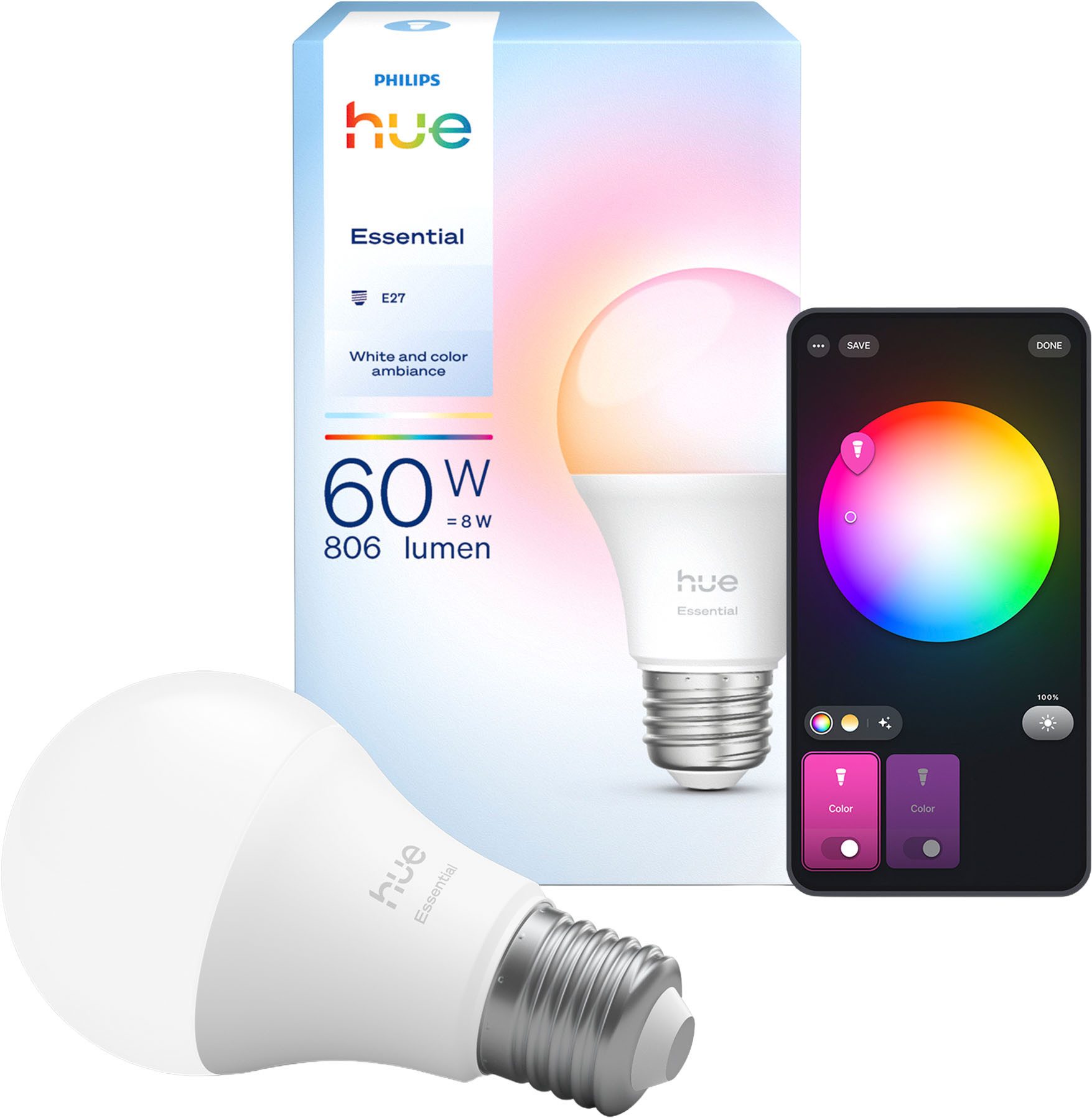 Philips Hue LED-Leuchtmittel Essential White & Color Ambiance smarte Lampe, E27, 1 St., Farbwechsler
