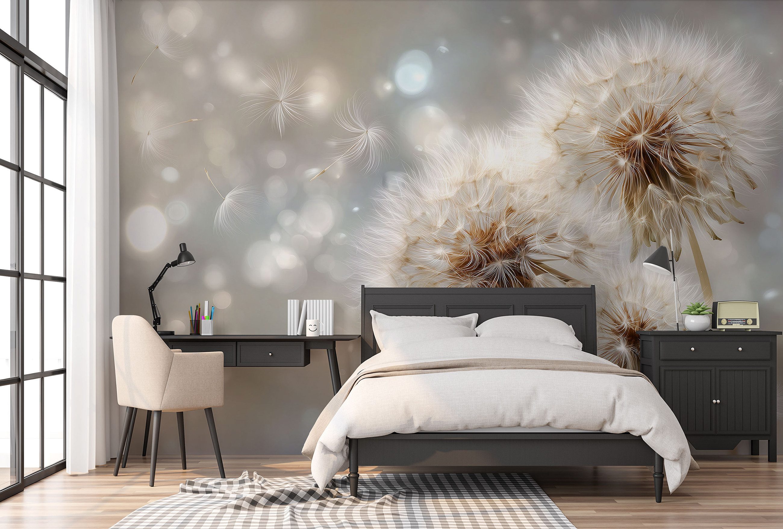 Wallarena Fototapete Pusteblumen Grau Natur Vlies Tapete Wohnzimmer Schlafzimmer Wandtapete, Glatt Vlies Washable, Löwenzahn, Beige, Grau, Natur, (Packung, 2 St., Vlies Fototapete), Vliestapete schwarz Wohnzimmer Schlafzimmer Küche Tapete + Kleister