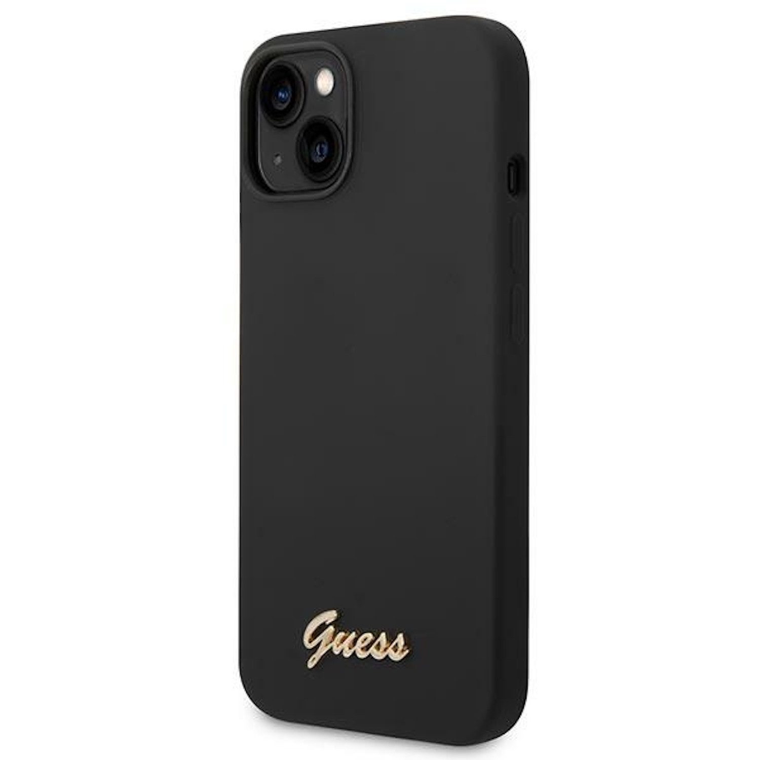 Guess Handyhülle Guess Apple iPhone 14 Hard Case Silicone Vintage Gold Logo Schwarz