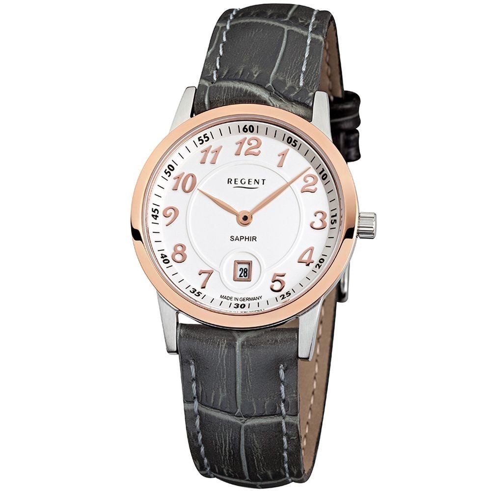 Quarzuhr REGENT Damen Armbanduhr GM-1404 rosé / bicolor D. 31mm Datum Lederband