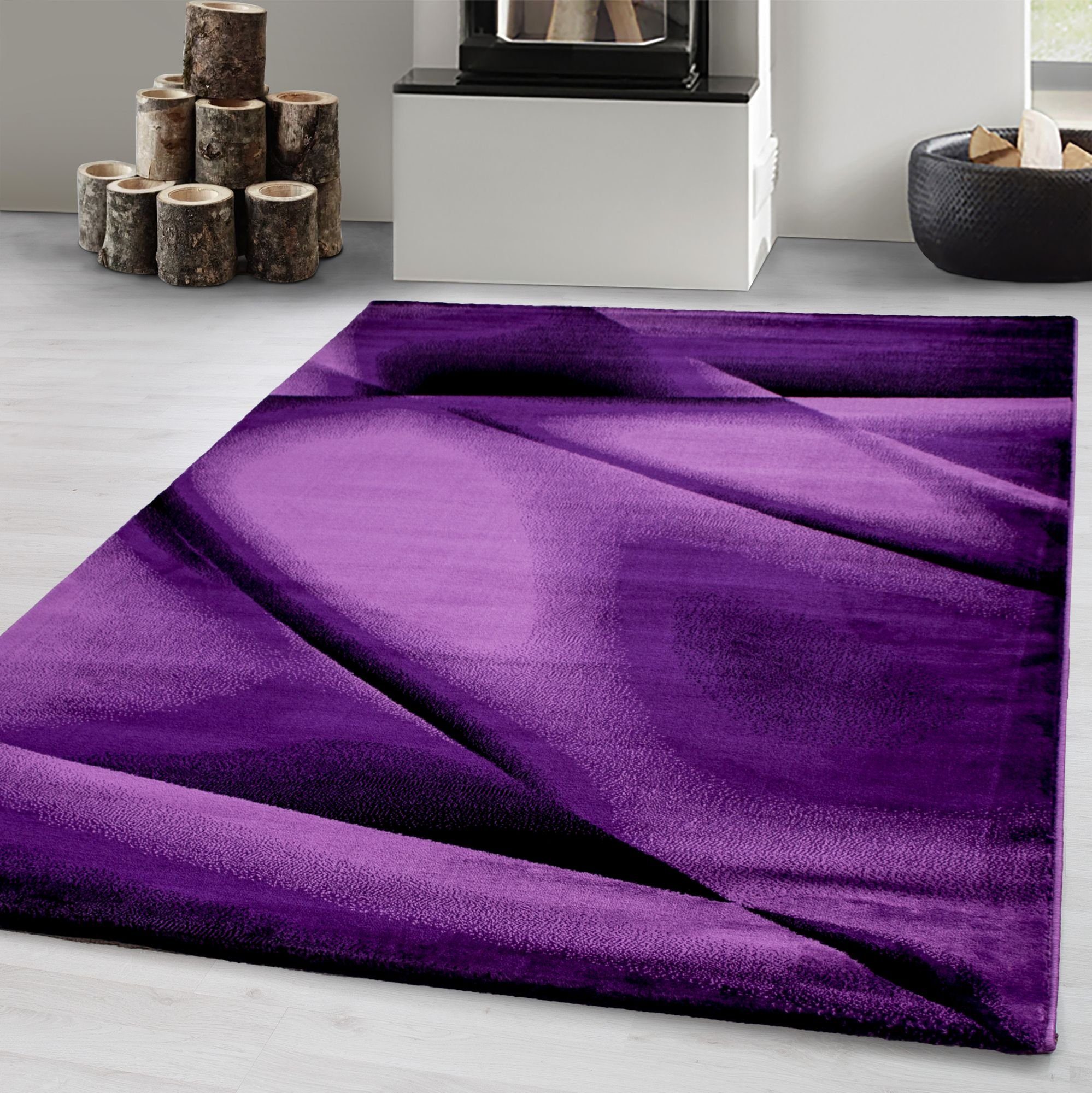 Designteppich Abstrakt Design, Carpetsale24, Läufer, Höhe: 12 mm, Kurzflor Teppich Wohnzimmer Abstrakt Design Violett Pflegeleicht