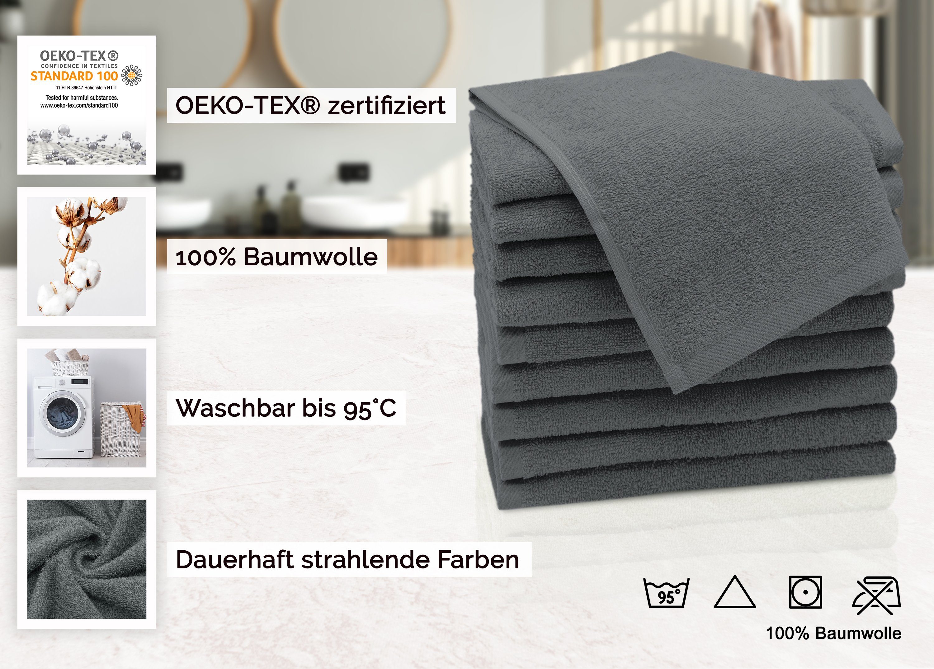 ZOLLNER Gästehandtücher, Walkfrottier x Baumwolle, 100% cm, Farben alle (10-St), 95°C 50 30 waschbar graphit bis