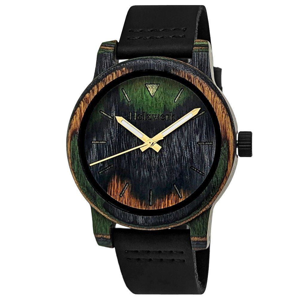 Tarn WISSMAR grün, Holzwerk Quarzuhr Herren Holz Armband Uhr, Leder & schwarz & Damen