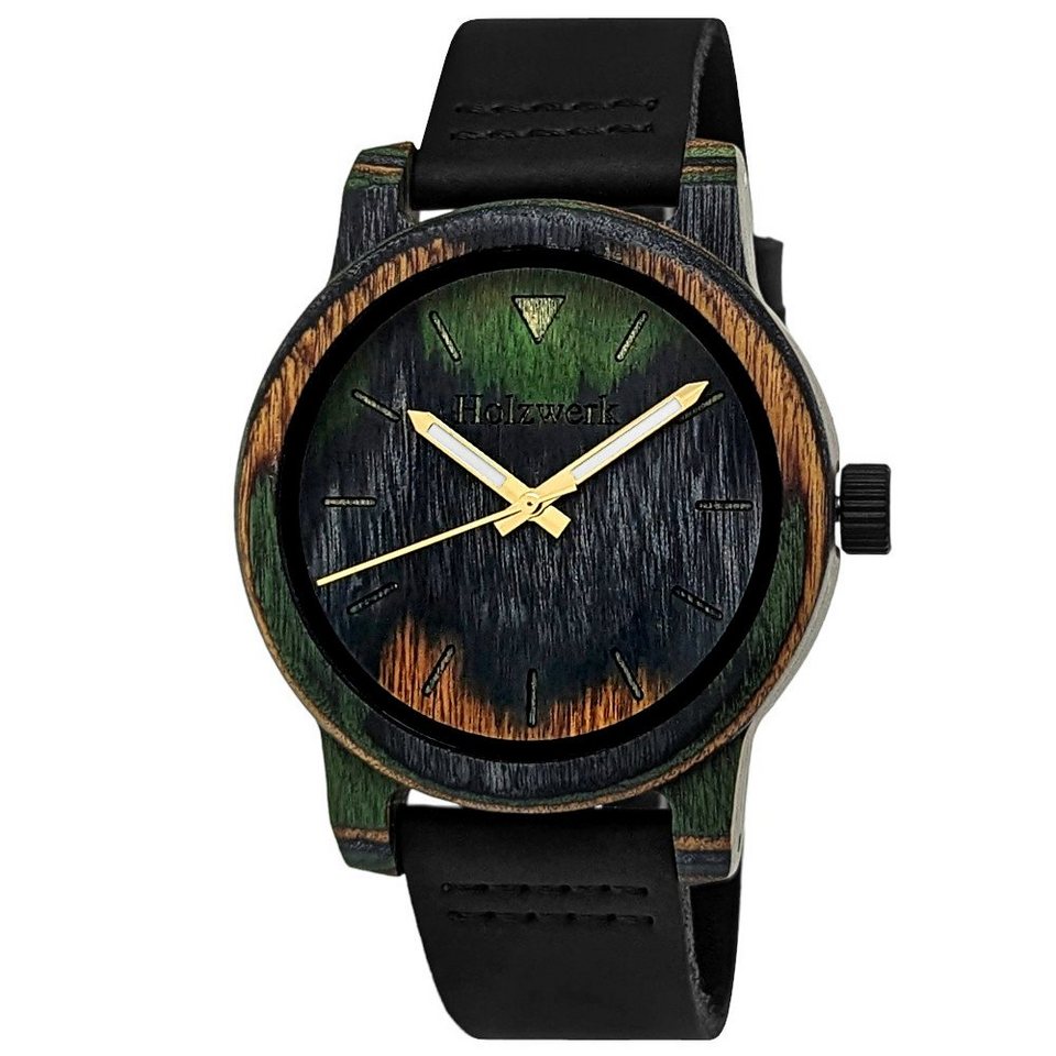 Holzwerk Quarzuhr WISSMAR Damen & Herren Holz & Leder Tarn Armband Uhr,  grün, schwarz