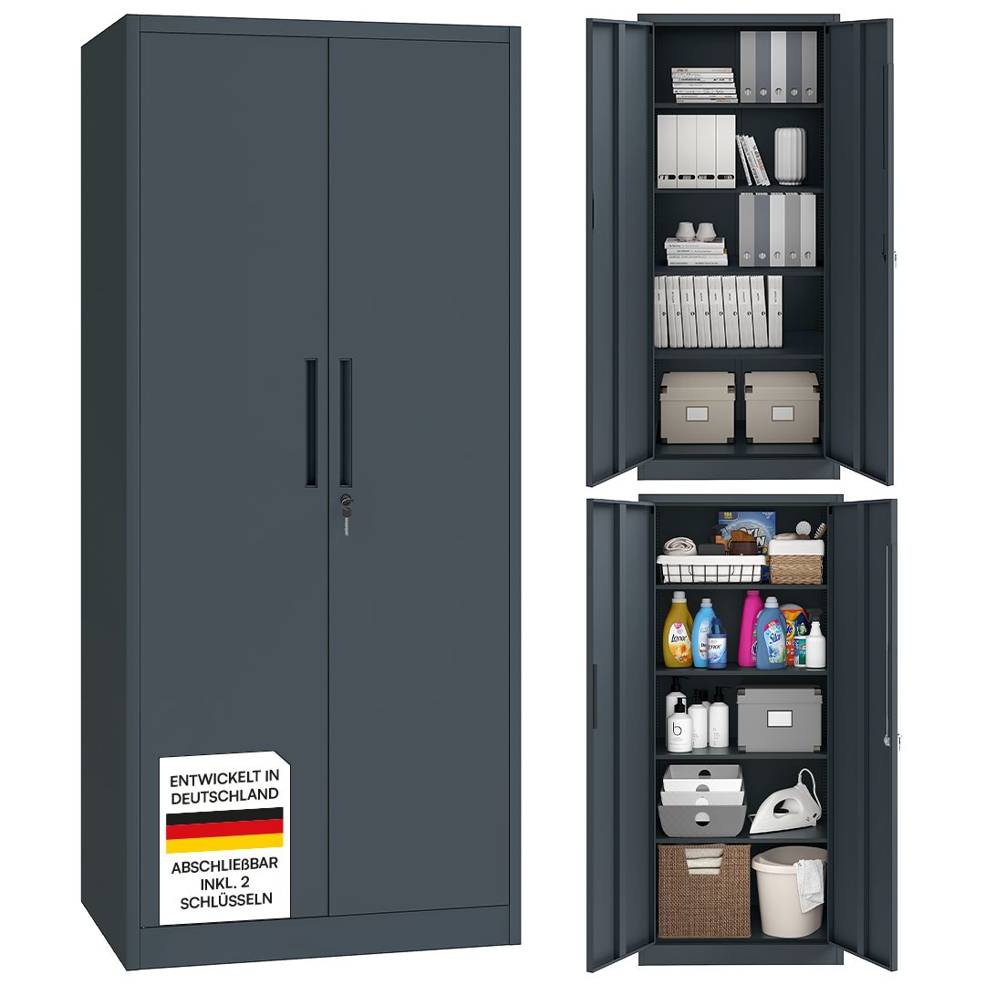STEELSØN Aktenschrank Regulus aus Stahl, abschließbar mit 2 Schlüsseln (Anthrazit) Spindschrank mit 4 höhenverstellbaren Einlegeböden, 175x40x80 cm